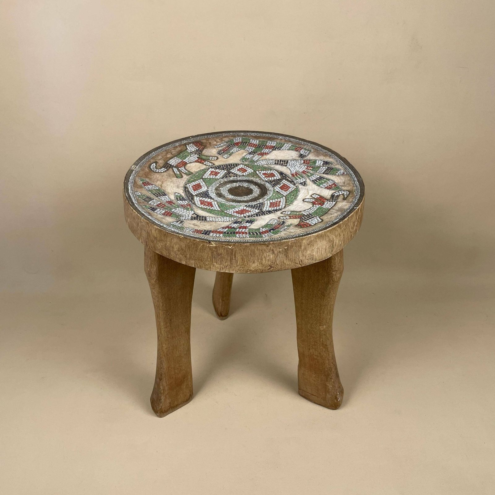 Antique Round Wooden African Handmade Stool Wood Furniture Circle Brown Hallway Seat Table Plant Stand Patterned 29.5x26cm Vintage Beaded