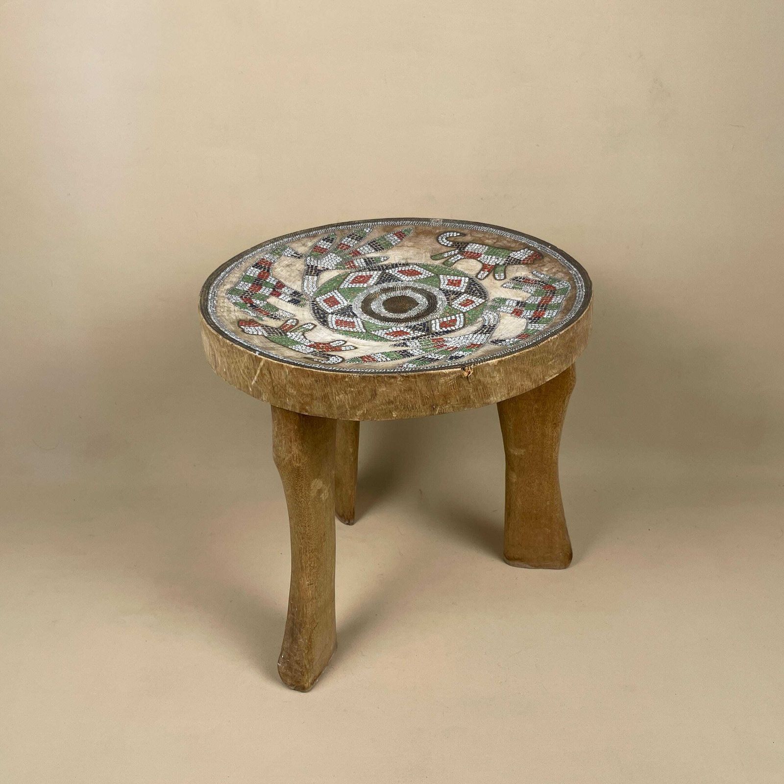 Antique Round Wooden African Handmade Stool Wood Furniture Circle Brown Hallway Seat Table Plant Stand Patterned 29.5x26cm Vintage Beaded photo Furniture