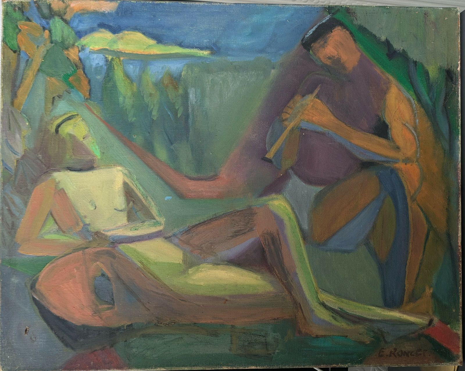 Cubist Couple Oil On Canvas By Elisabeth Ronger,1930's