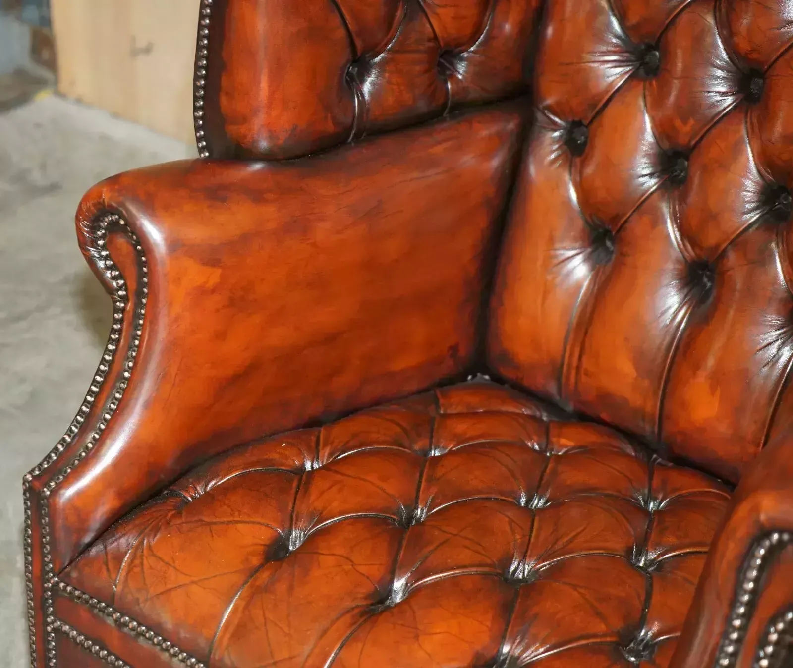 Stunning Vintage Hand Dyed Brown Leather Chesterfield Tufted Porters Armchair photo 10000.0
