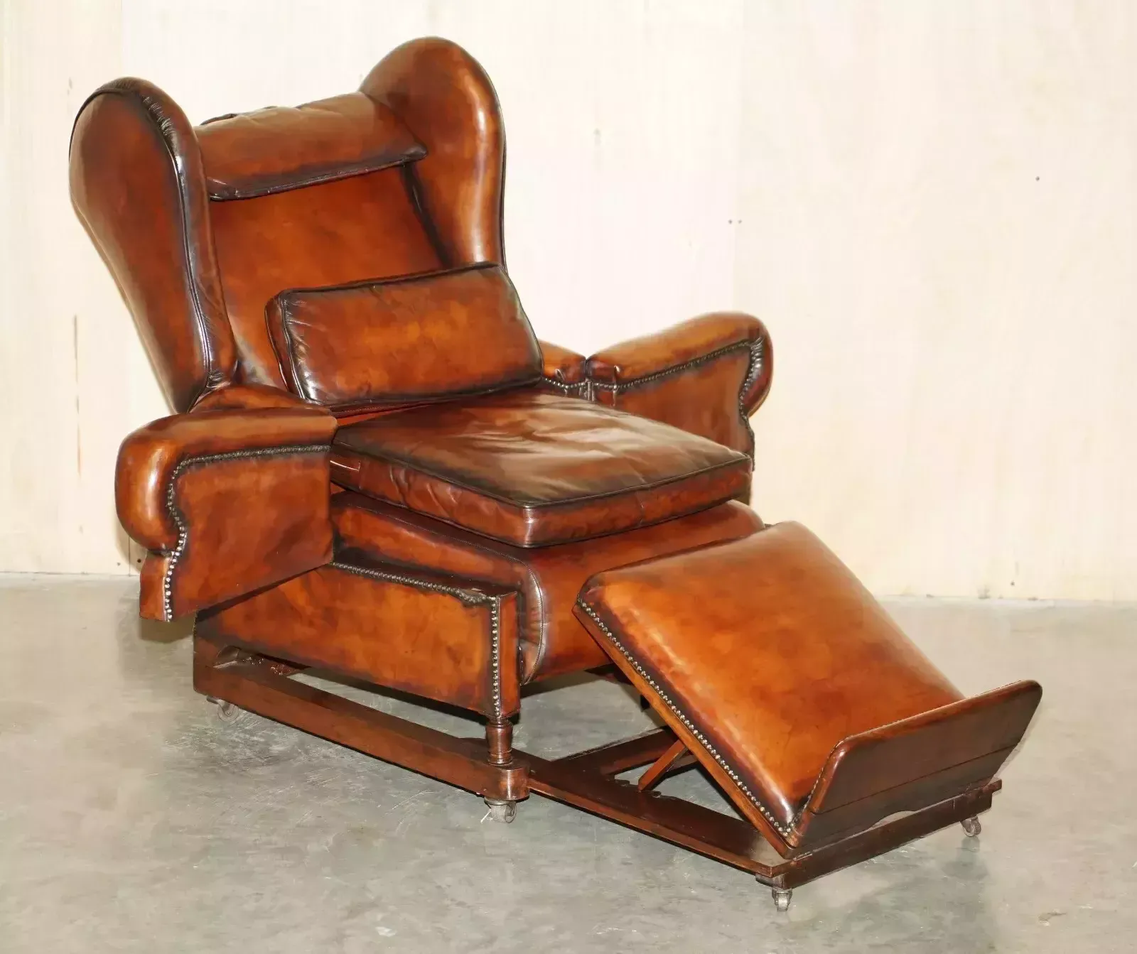 photo vintage Restored J Foot & Son Adjustable Reclining Easy Armchair Hand Dyed Brown Leather