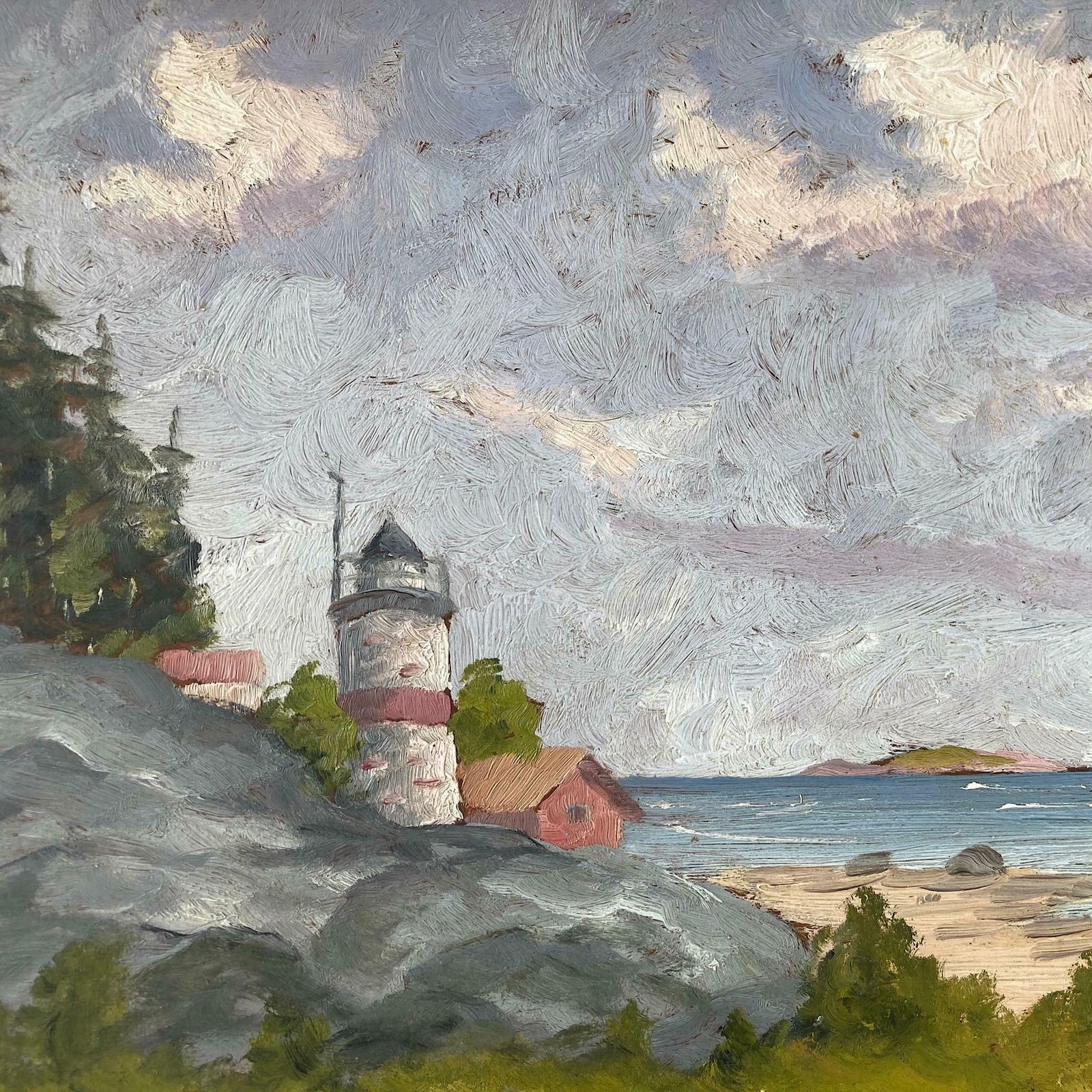 Coastal View In Summer   Vintage Scandinavian Framed Oil Painting Of A Lighthouse And Sailboats By A Sandy Beach photo 198.0