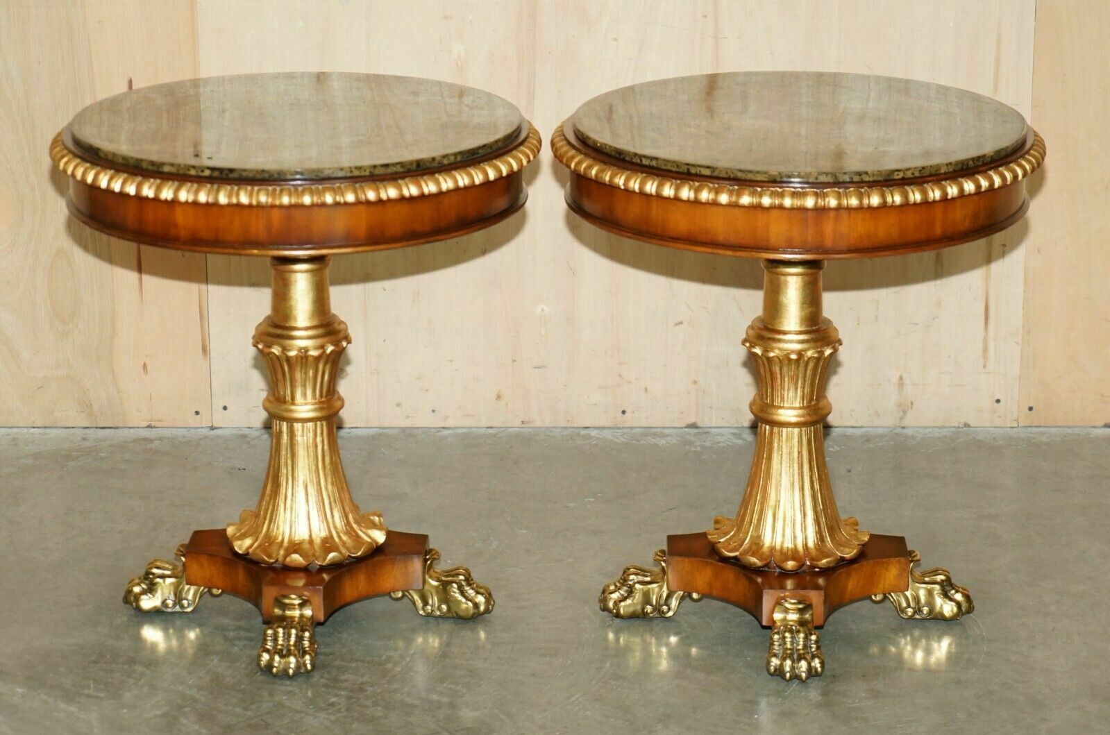 Sublime Pair Of Vintage Marble Topped Side End Tables Solid Brass Lions Paw Feet photo furniture