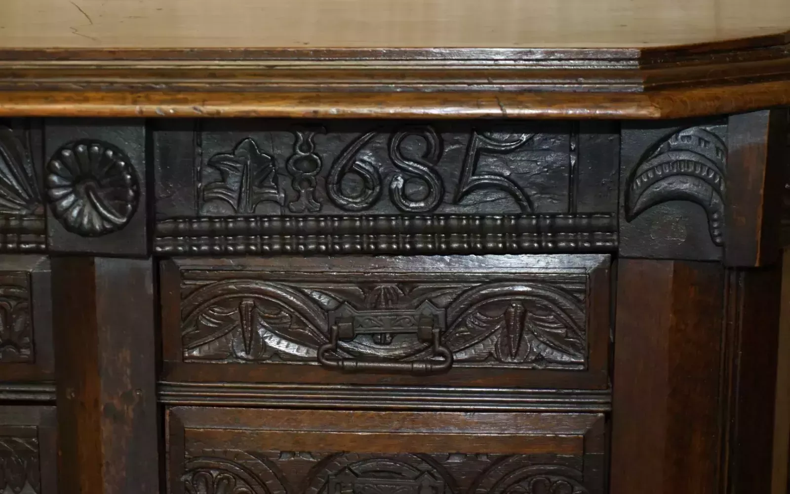 Antique 1685 Dated Hand Carved Chest Of Drawers Sideboard With Side Cupboards photo for sale