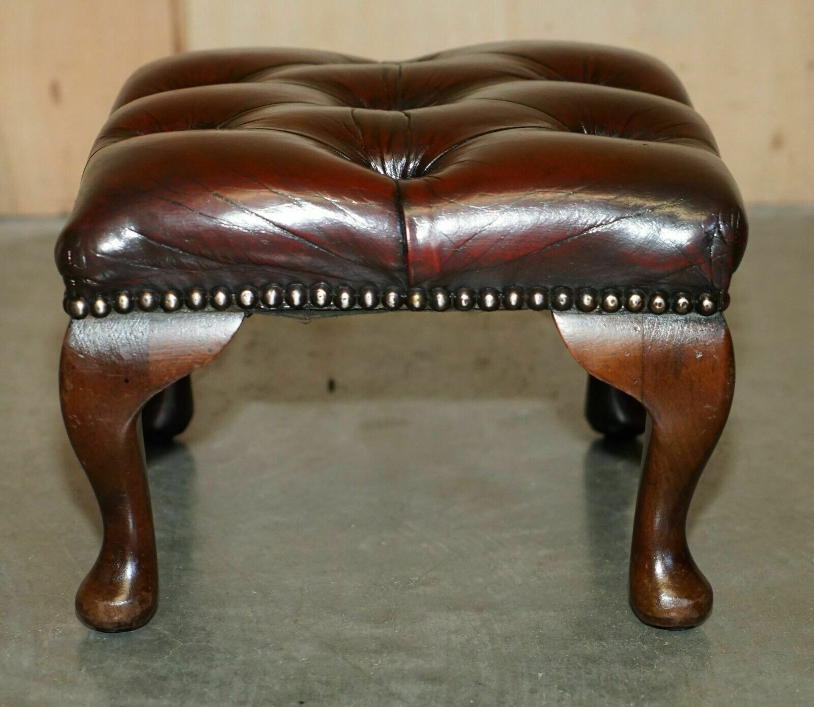 Pair Of Vintage Chesterfield Tufted Wingback Armchair Oxblood Leather Footstools photo vintage