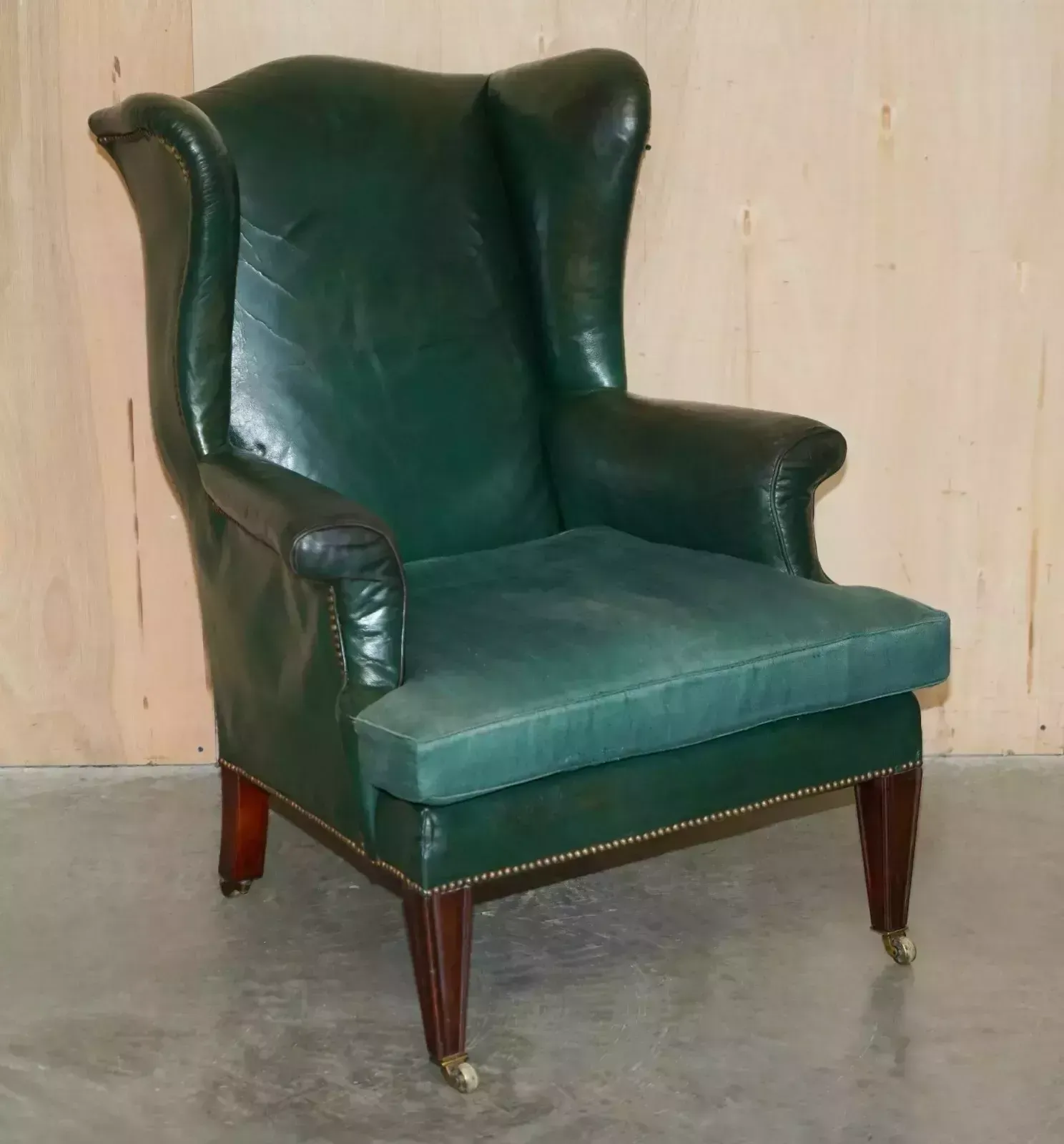 Pair Of Antique Victorian Original Green Leather Upholstery Wingback Armchairs photo furniture