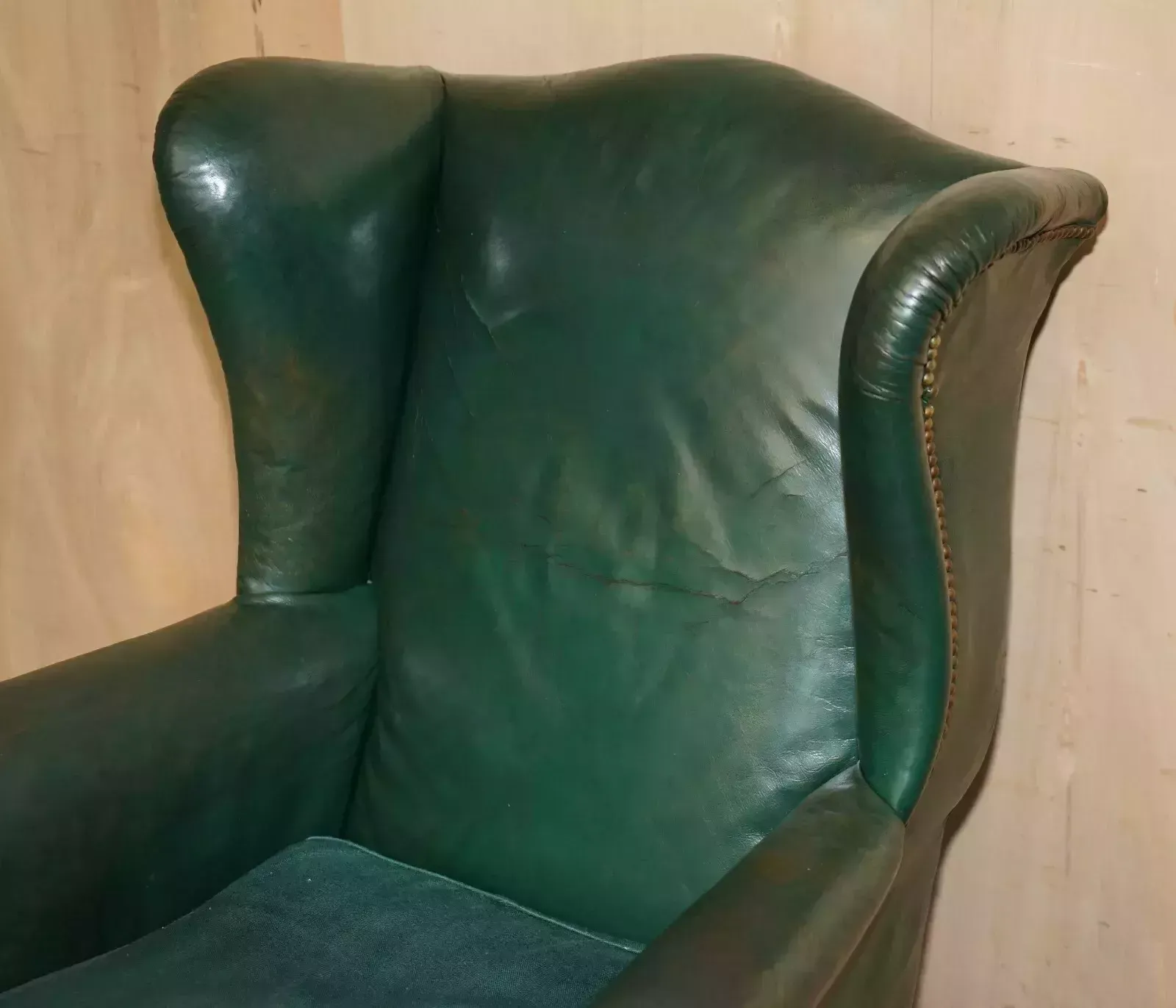 Pair Of Antique Victorian Original Green Leather Upholstery Wingback Armchairs photo Furniture