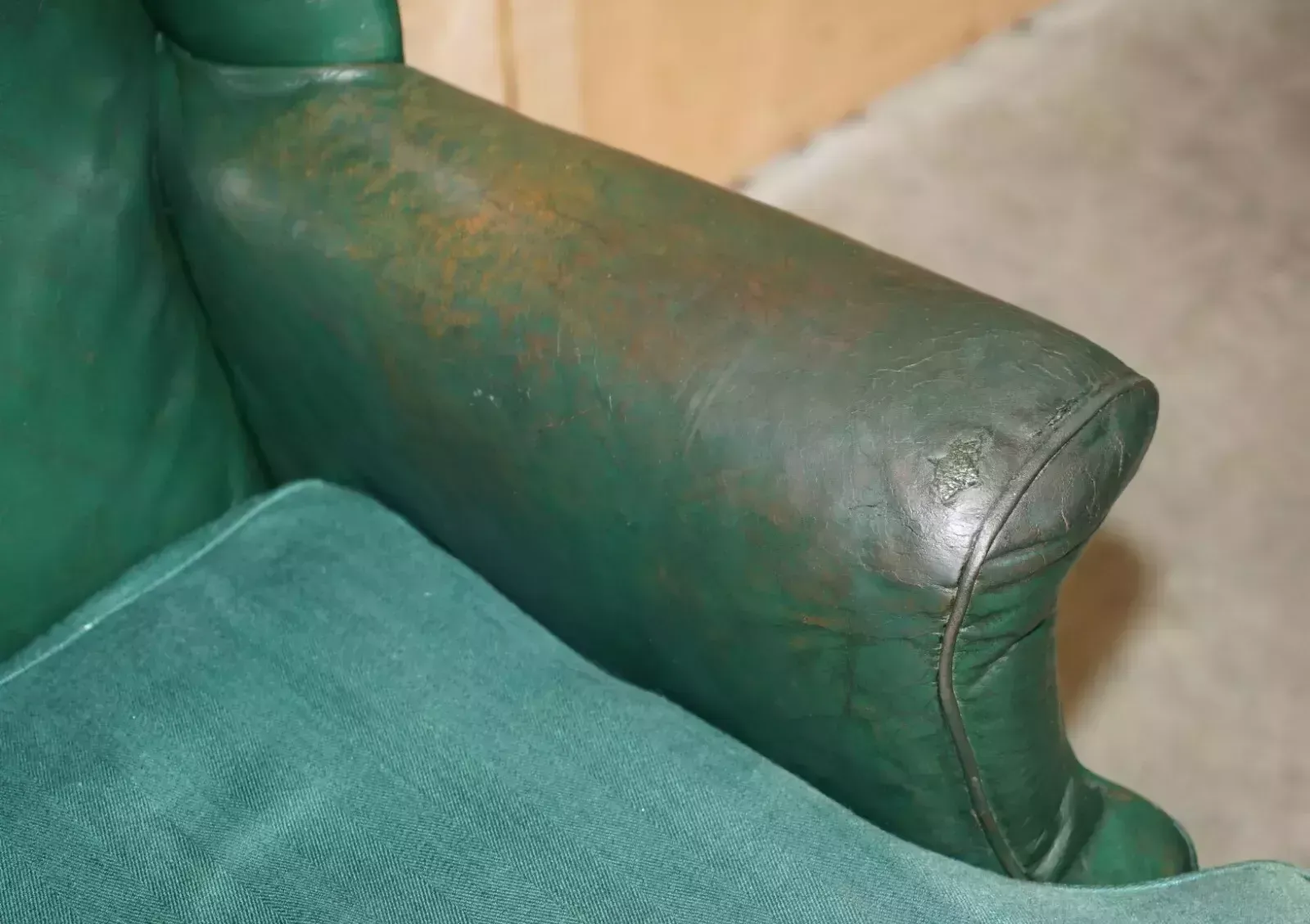 photo furniture Pair Of Antique Victorian Original Green Leather Upholstery Wingback Armchairs