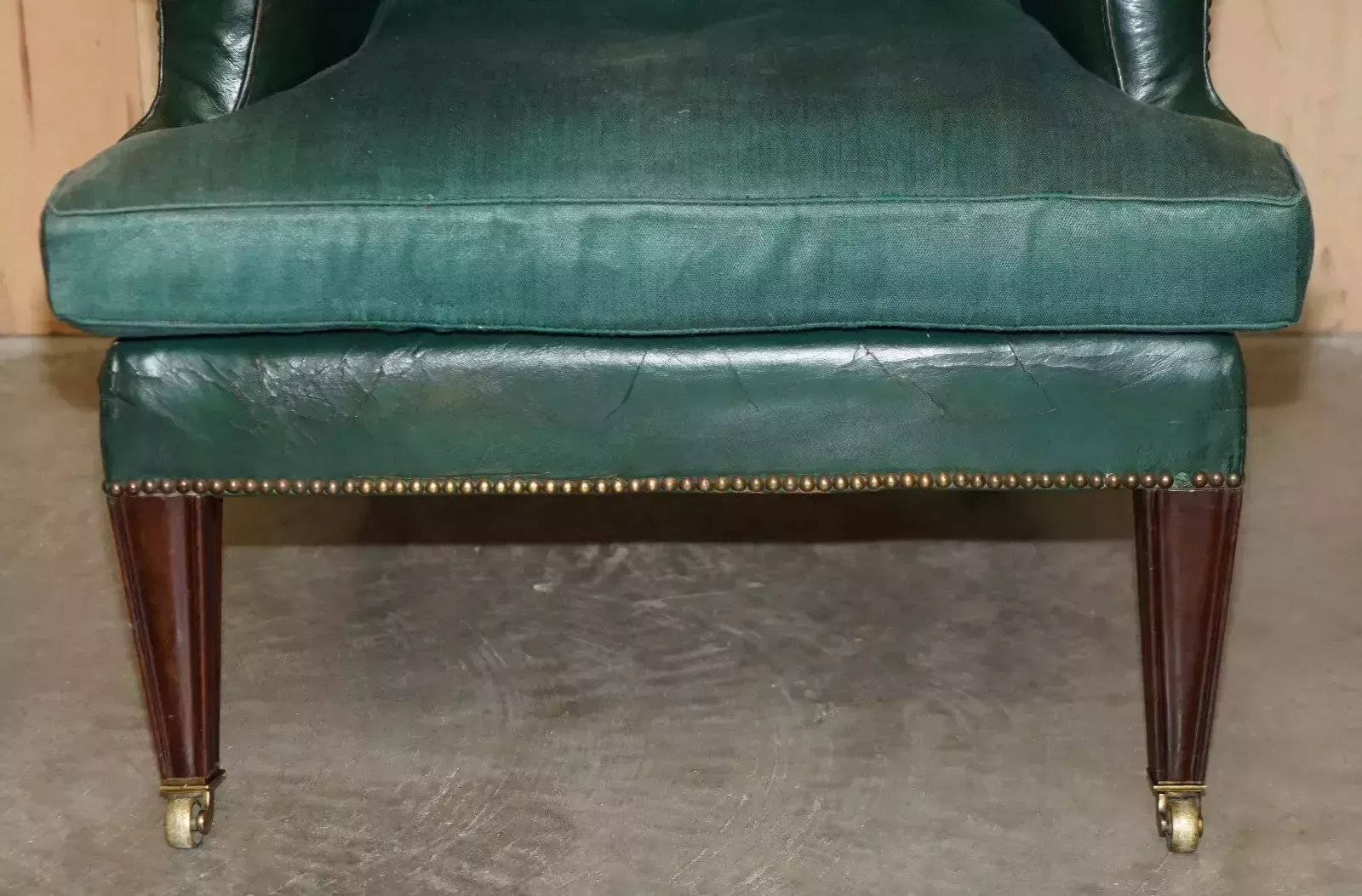photo for sale Pair Of Antique Victorian Original Green Leather Upholstery Wingback Armchairs