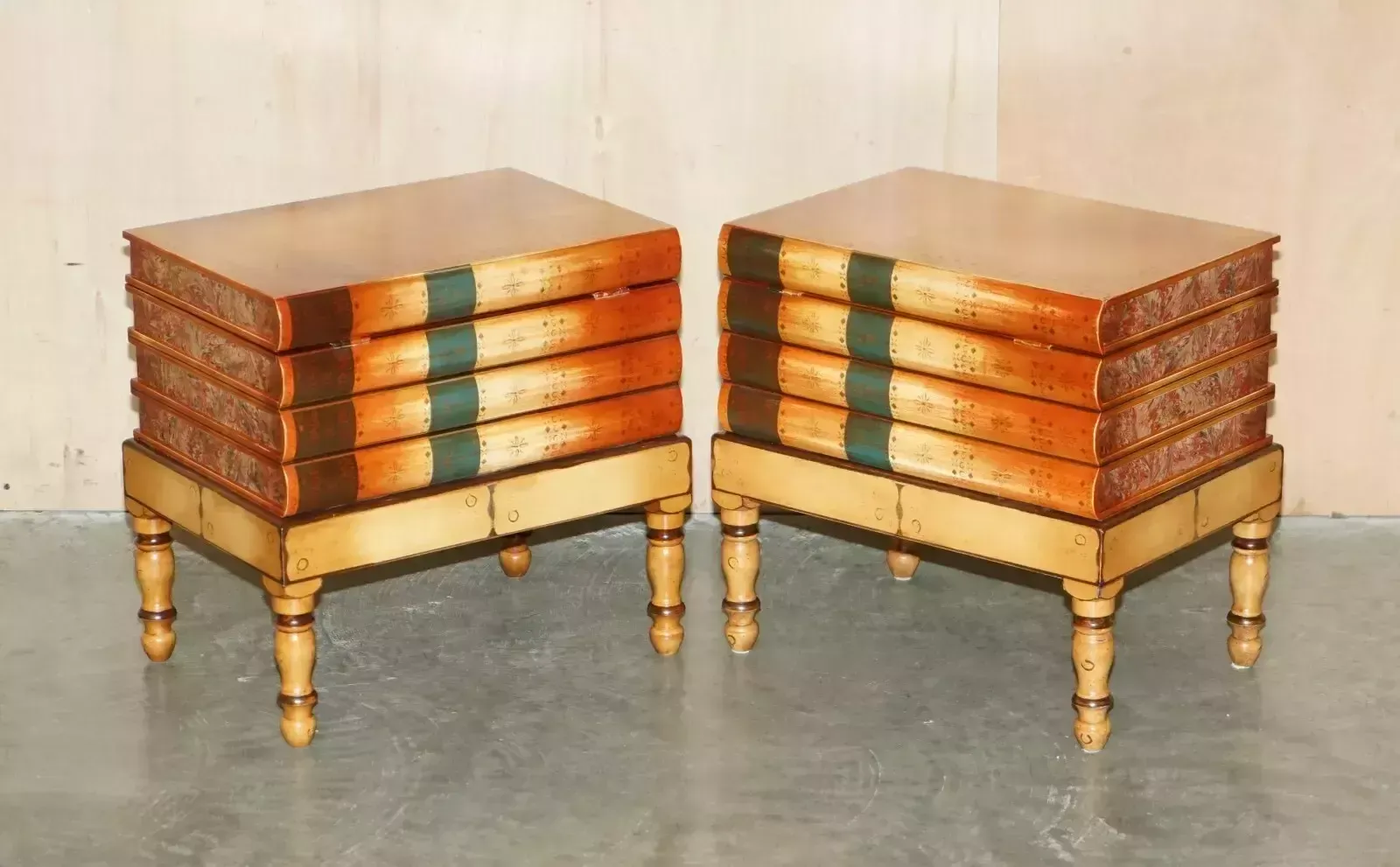 Pair Of Faux Book Topped Side End Lamp Wine Tables With Hidden Internal Storage