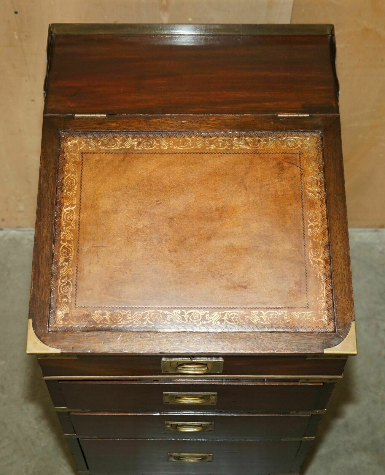 Antique Victorian Brown Leather Brass Gallery Military Campaign Davenport Desk photo for sale