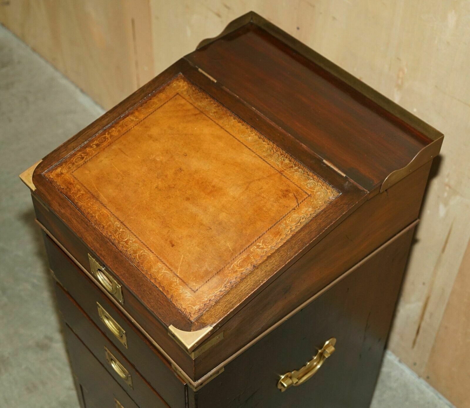 Antique Victorian Brown Leather Brass Gallery Military Campaign Davenport Desk photo Furniture