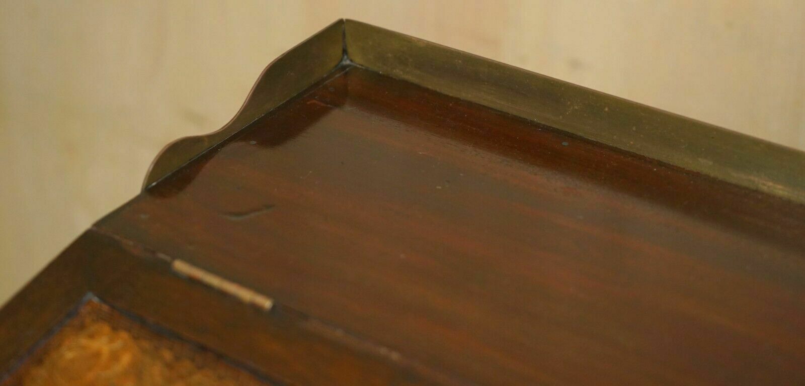 Antique Victorian Brown Leather Brass Gallery Military Campaign Davenport Desk photo vinterior