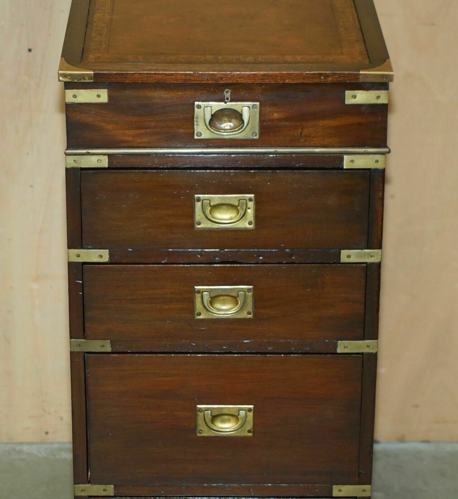 Antique Victorian Brown Leather Brass Gallery Military Campaign Davenport Desk photo buy