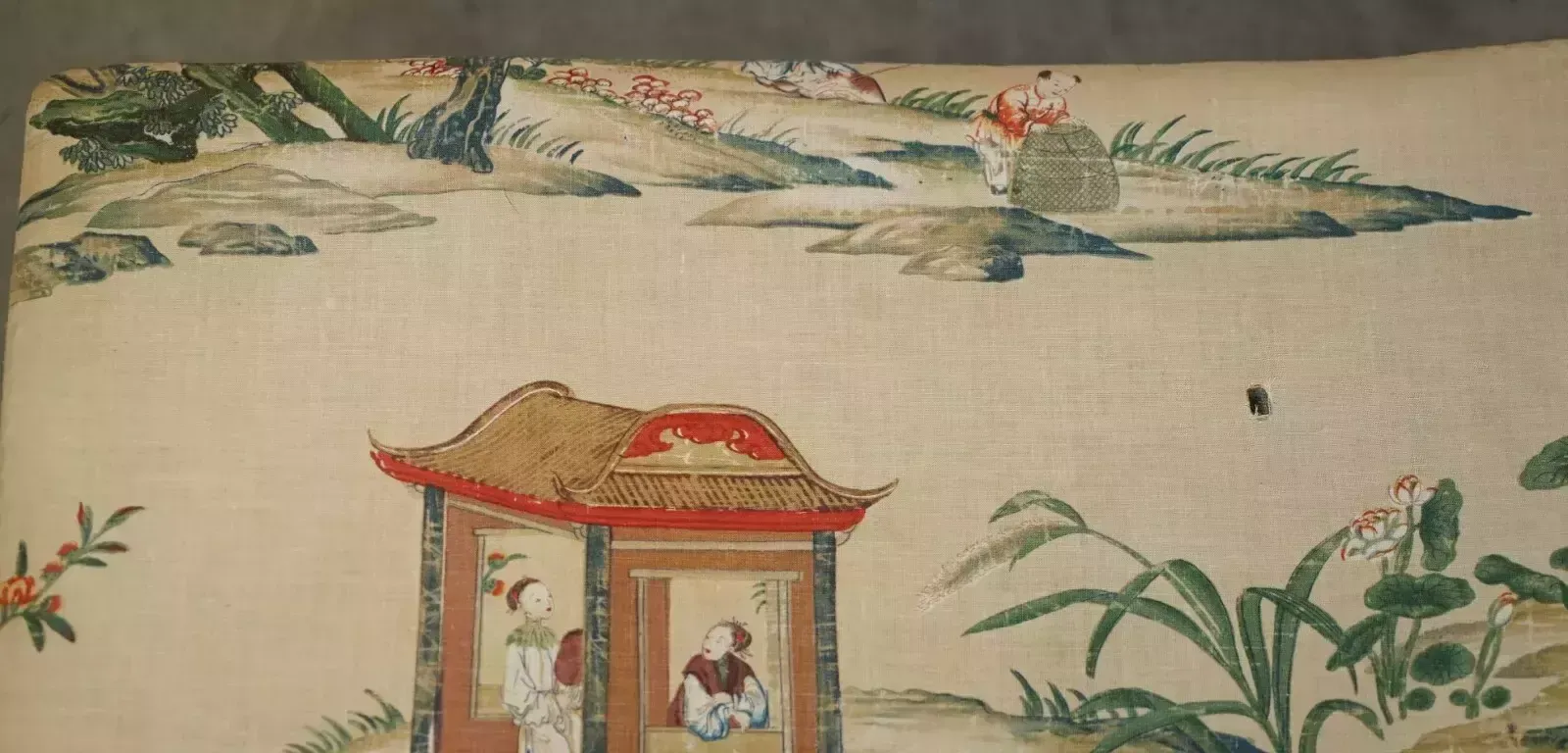 Fine English Victorian Circa 1860 Footstool Ottoman Chinese Chinoiserie Fabric photo vintage
