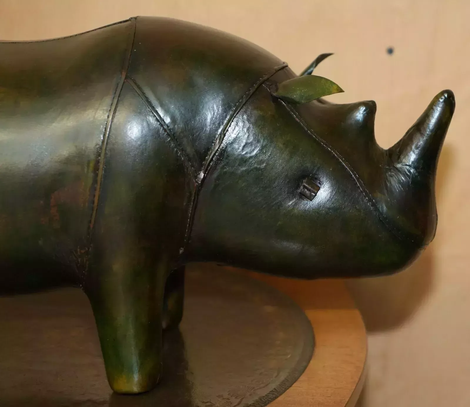 Old Stock Liberty London Style Omersa Green Leather Footstool Rhinoceros Rhino photo for sale