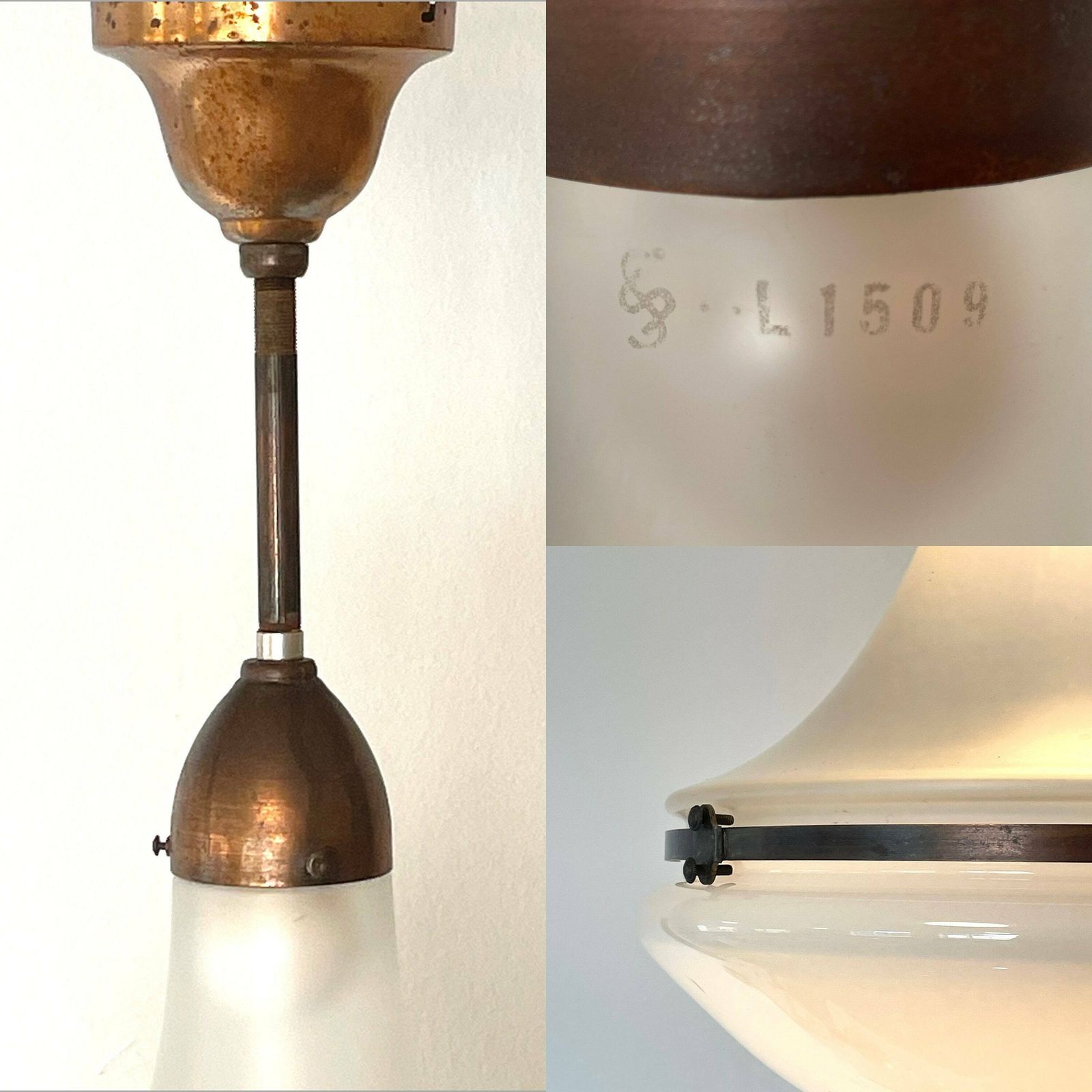 Antique Exclusive Large Luzette Ceiling Light In Opaline And Frosted Glass Designed By Peter Behrens In 1906 For Siemens Schukert, Germany photo buy