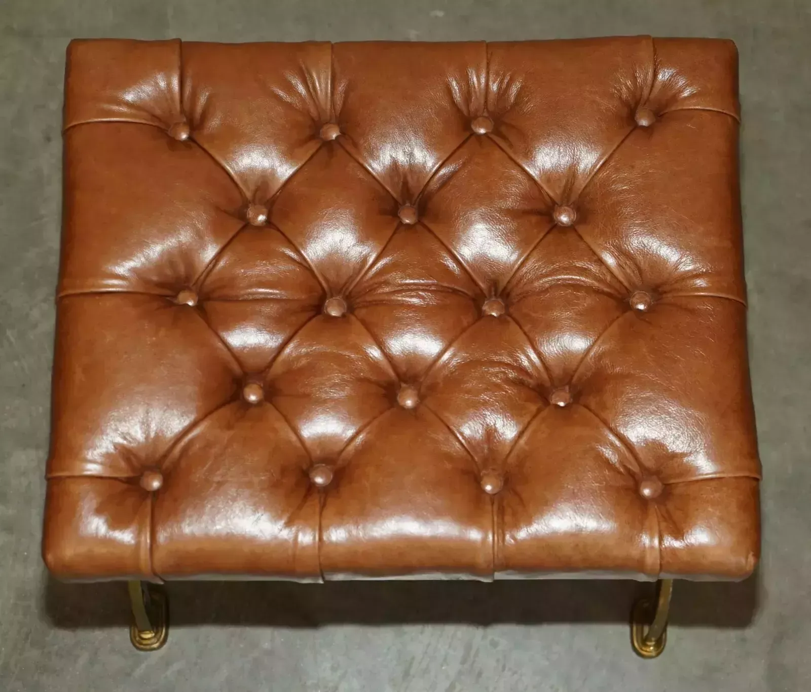 Fine Antique Victorian Brass Show Frame Chesterfield Brown Leather Footstool photo Furniture