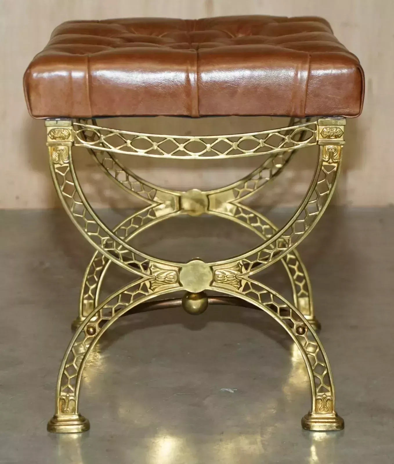 Fine Antique Victorian Brass Show Frame Chesterfield Brown Leather Footstool photo buy