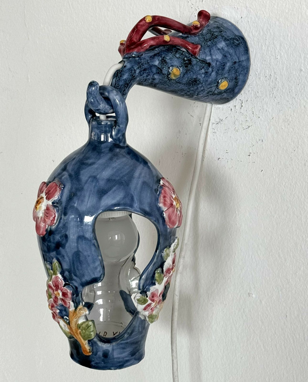 photo furniture 1950's Flower And Coral Maiolica Illuminated Lantern By Vietri Italy