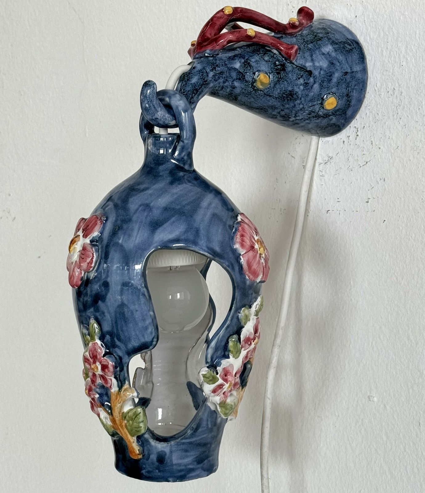 photo for sale 1950's Flower And Coral Maiolica Illuminated Lantern By Vietri Italy