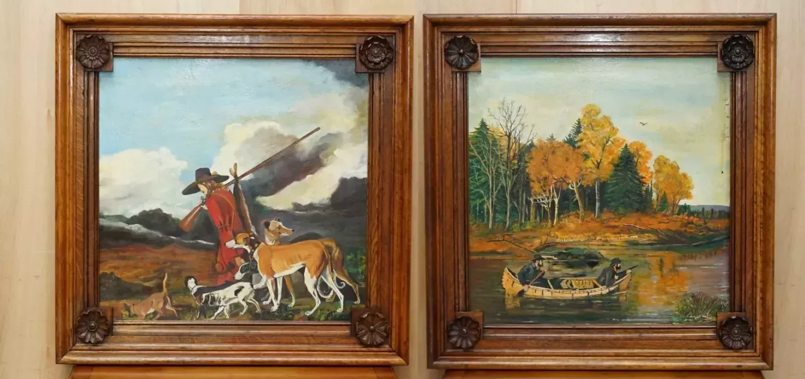 Pair Of Large Antique Original Swedish Oil On Board Paintings Chunky Oak Frames