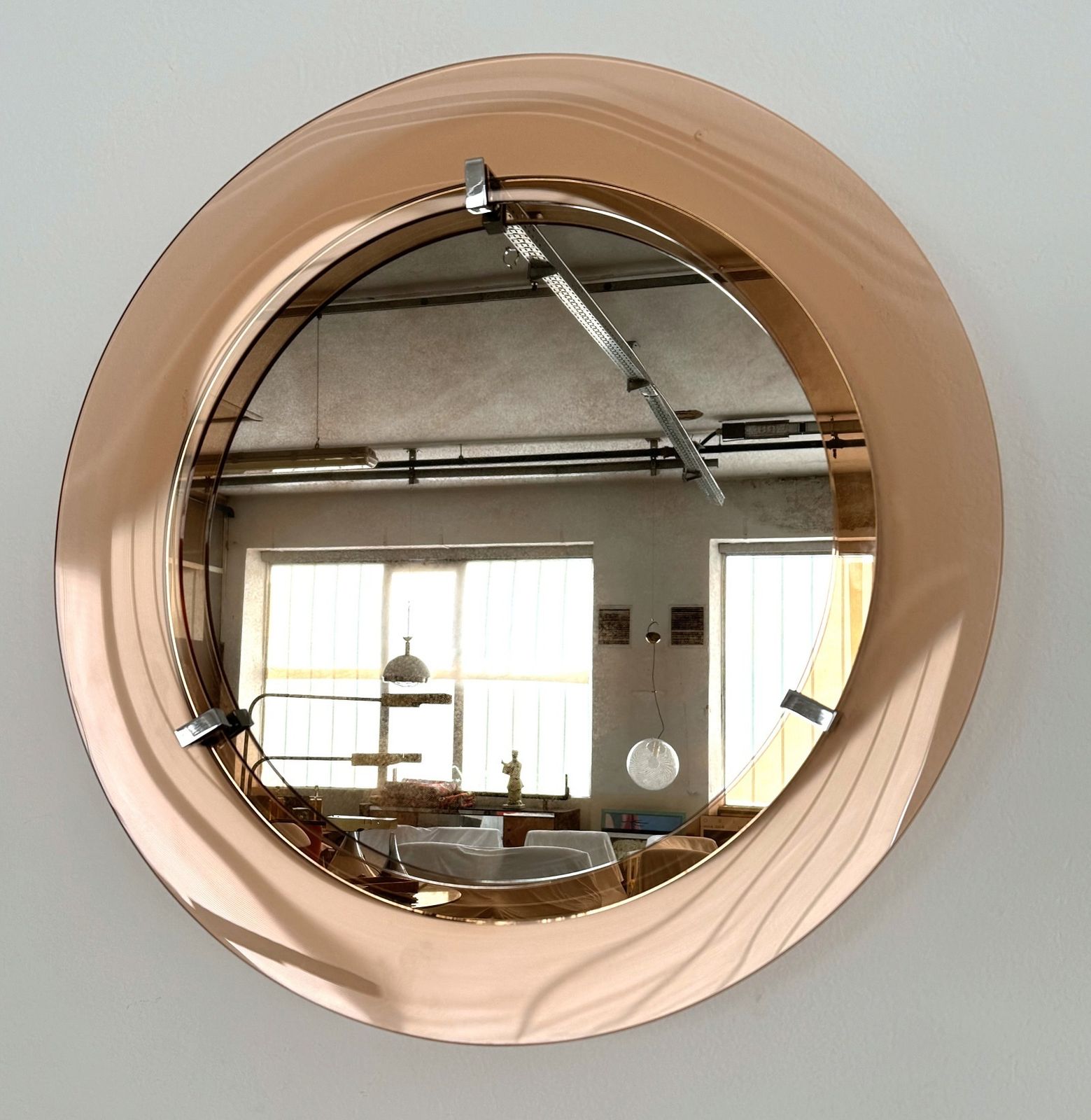 Italian Large Midcentury Round Glass Wall Mirror In Pink, 1970s photo 1500.0