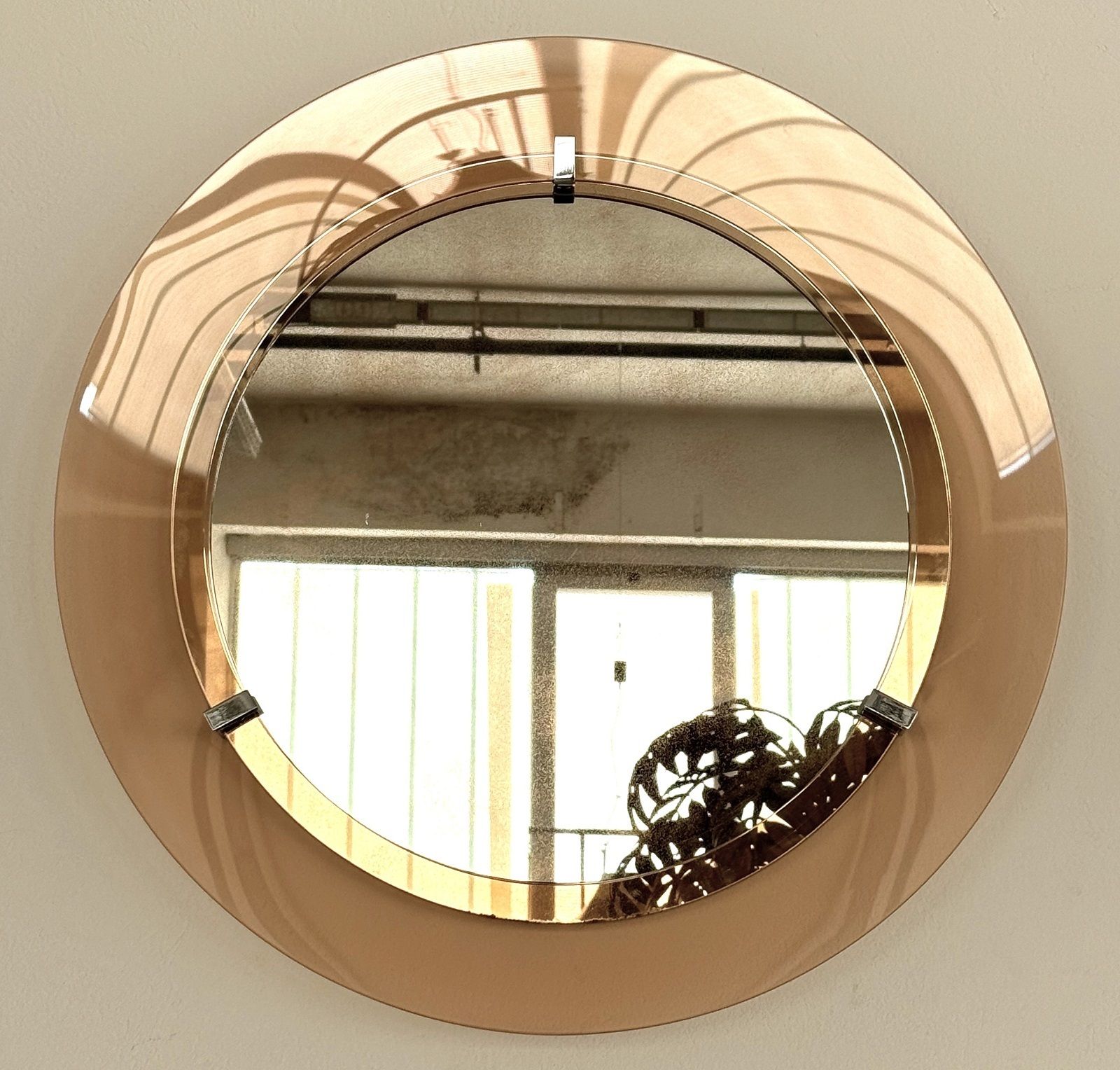 photo vintage Italian Large Midcentury Round Glass Wall Mirror In Pink, 1970s