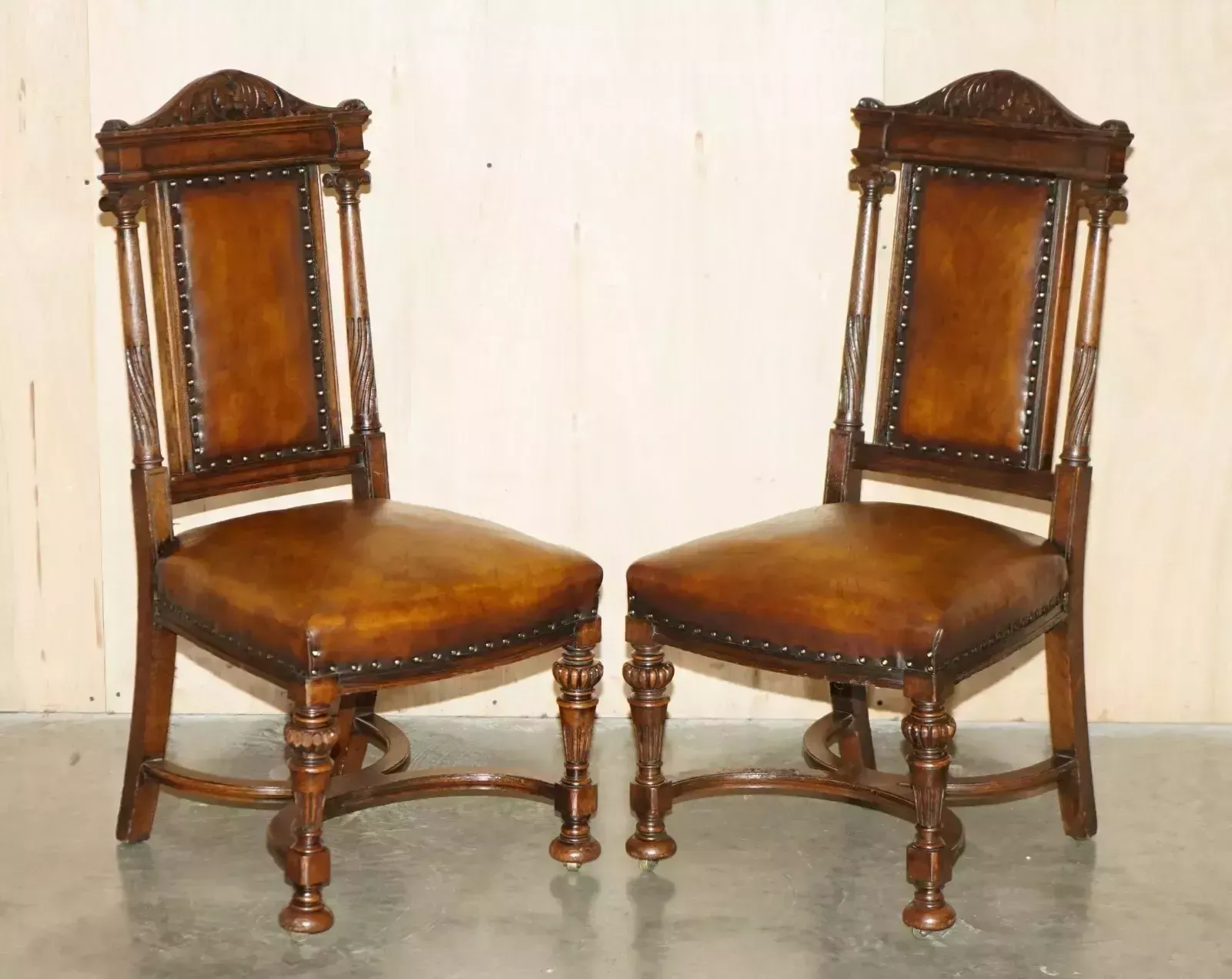 Two Antique Italian Grand Tour Corinthian Pillar Brown Leather Side Hall Chairs