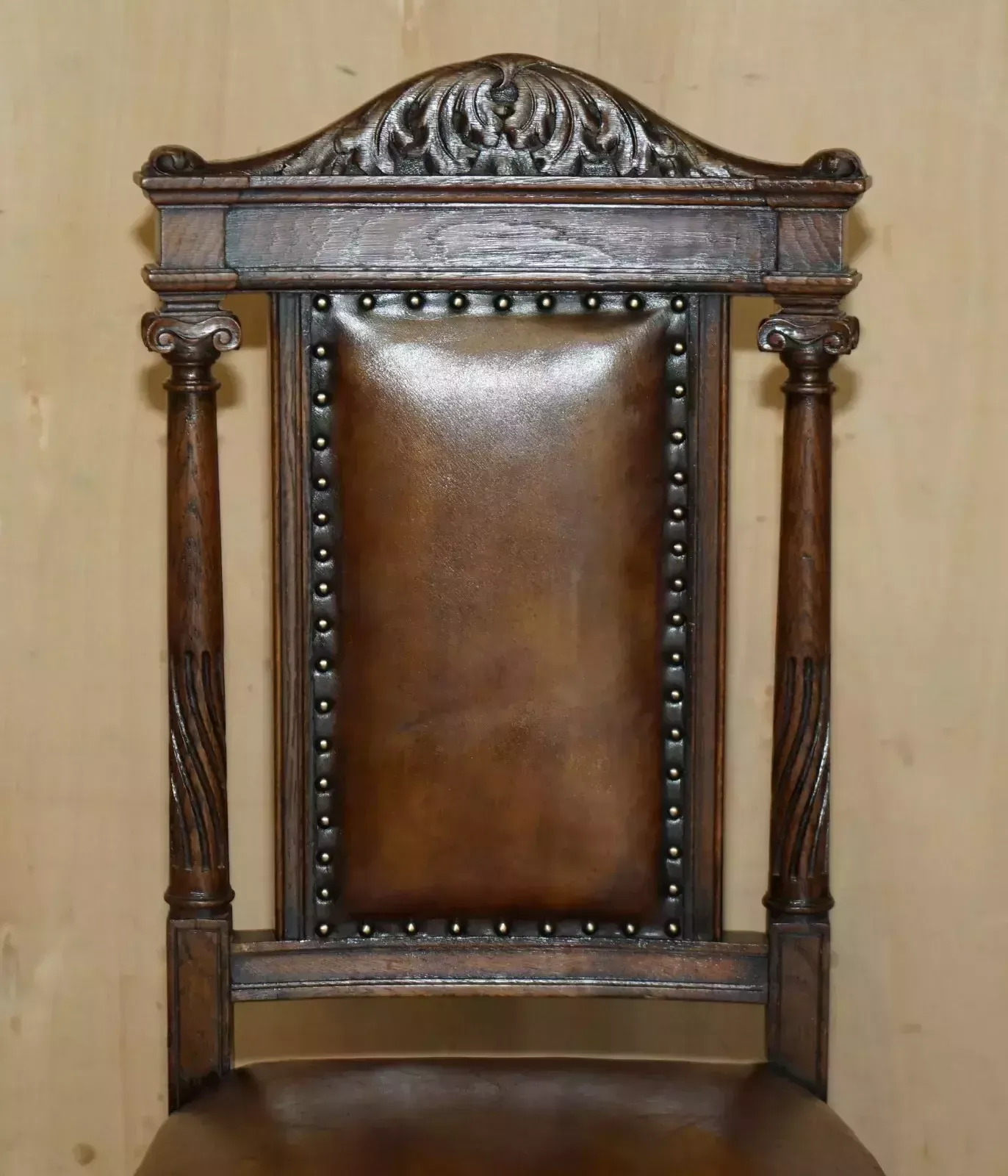 Two Antique Italian Grand Tour Corinthian Pillar Brown Leather Side Hall Chairs photo Furniture