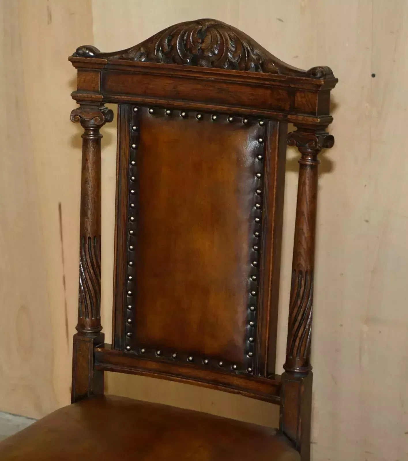 Two Antique Italian Grand Tour Corinthian Pillar Brown Leather Side Hall Chairs photo 2350.0