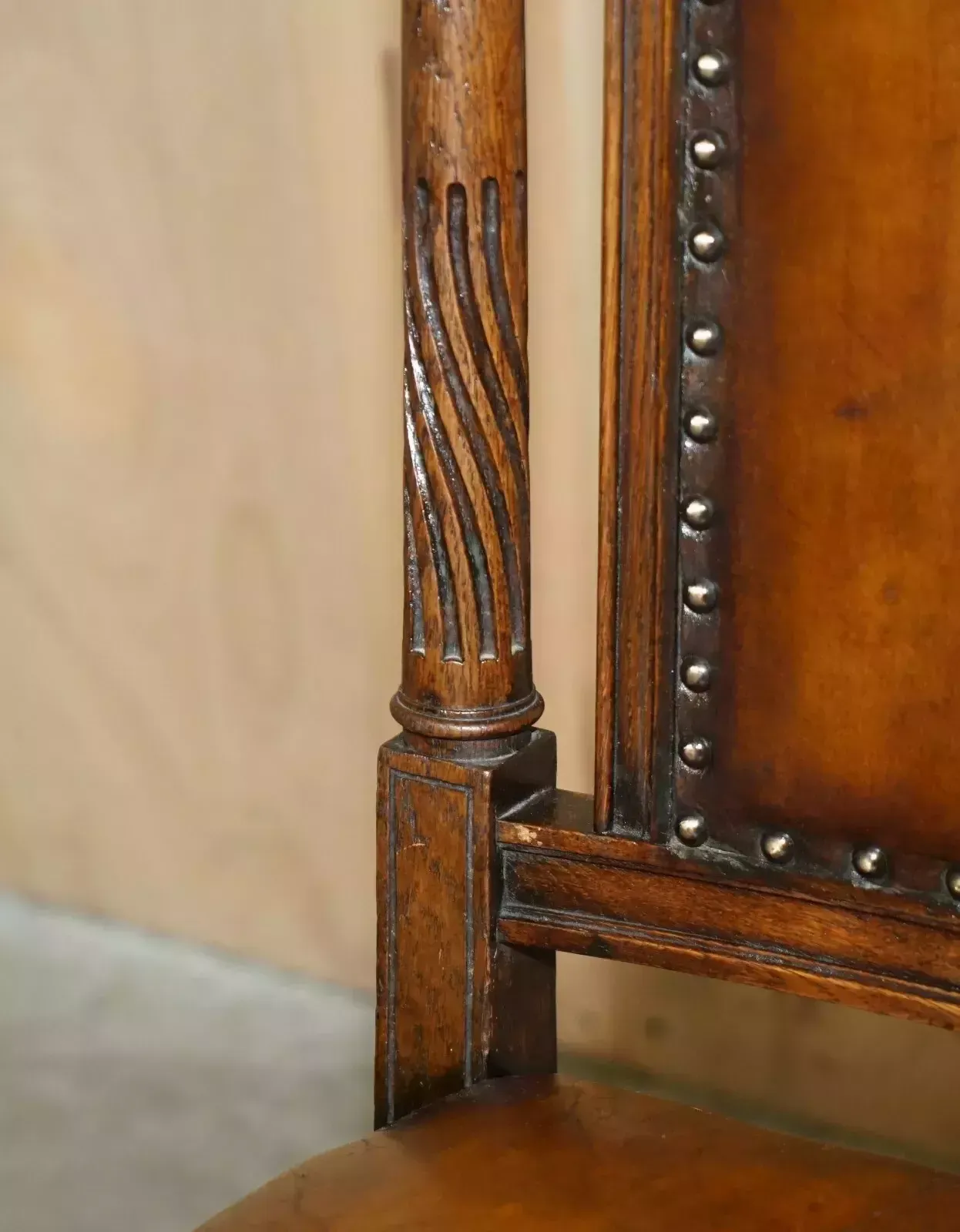 Two Antique Italian Grand Tour Corinthian Pillar Brown Leather Side Hall Chairs photo vintage