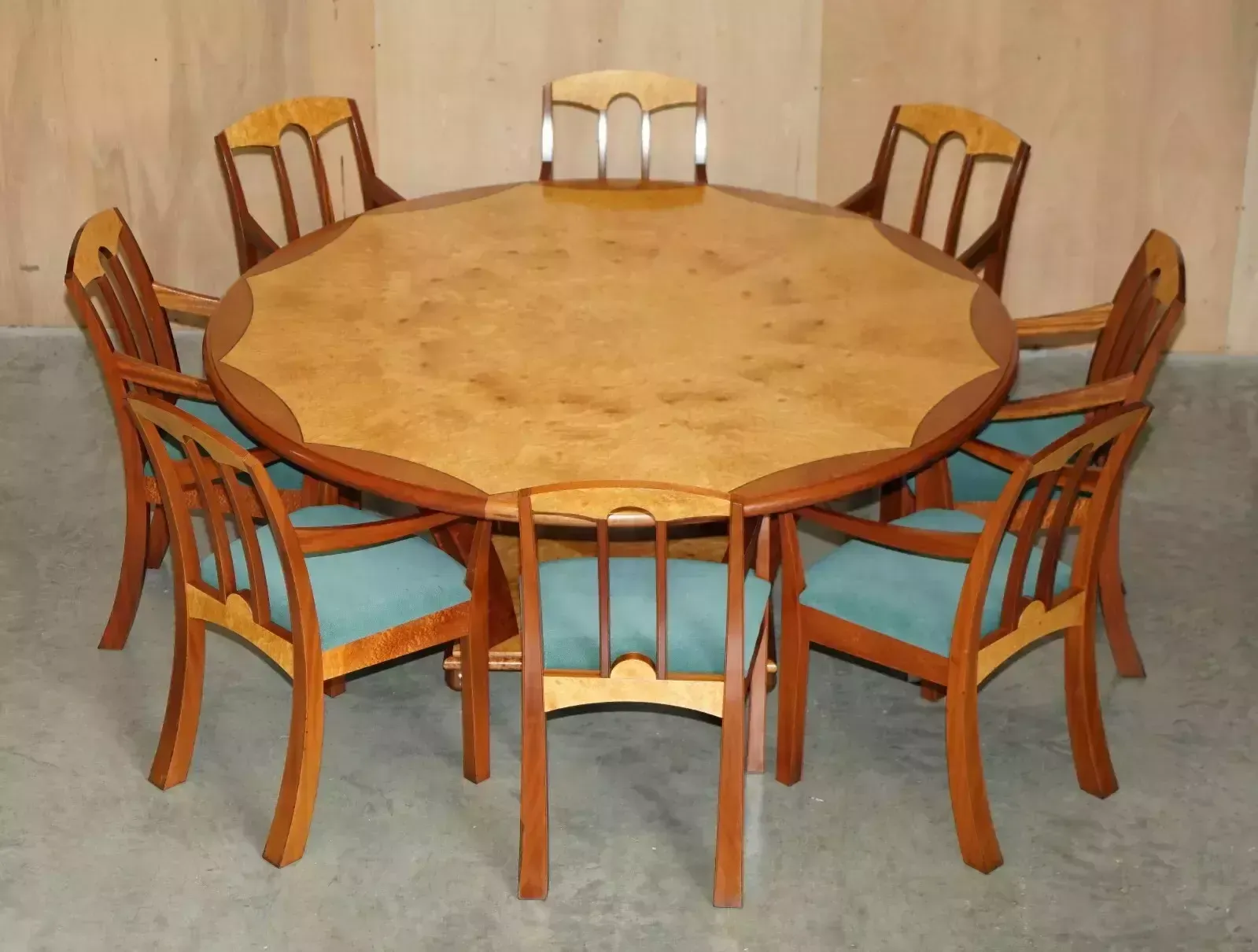 Original Andrew Varah Burr Walnut & Amboyna Wood Round Dining Table & Chairs Set photo furniture