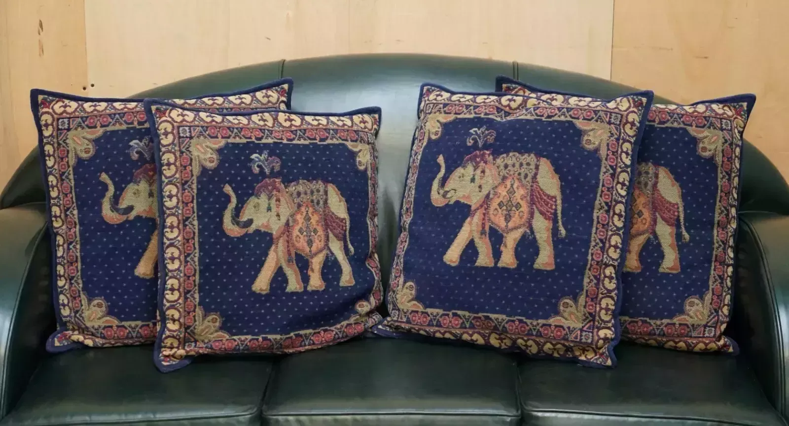 Suite Of Four Large 59cm Embroidered Elephant Sofa & Armchairs Cushions Pillows