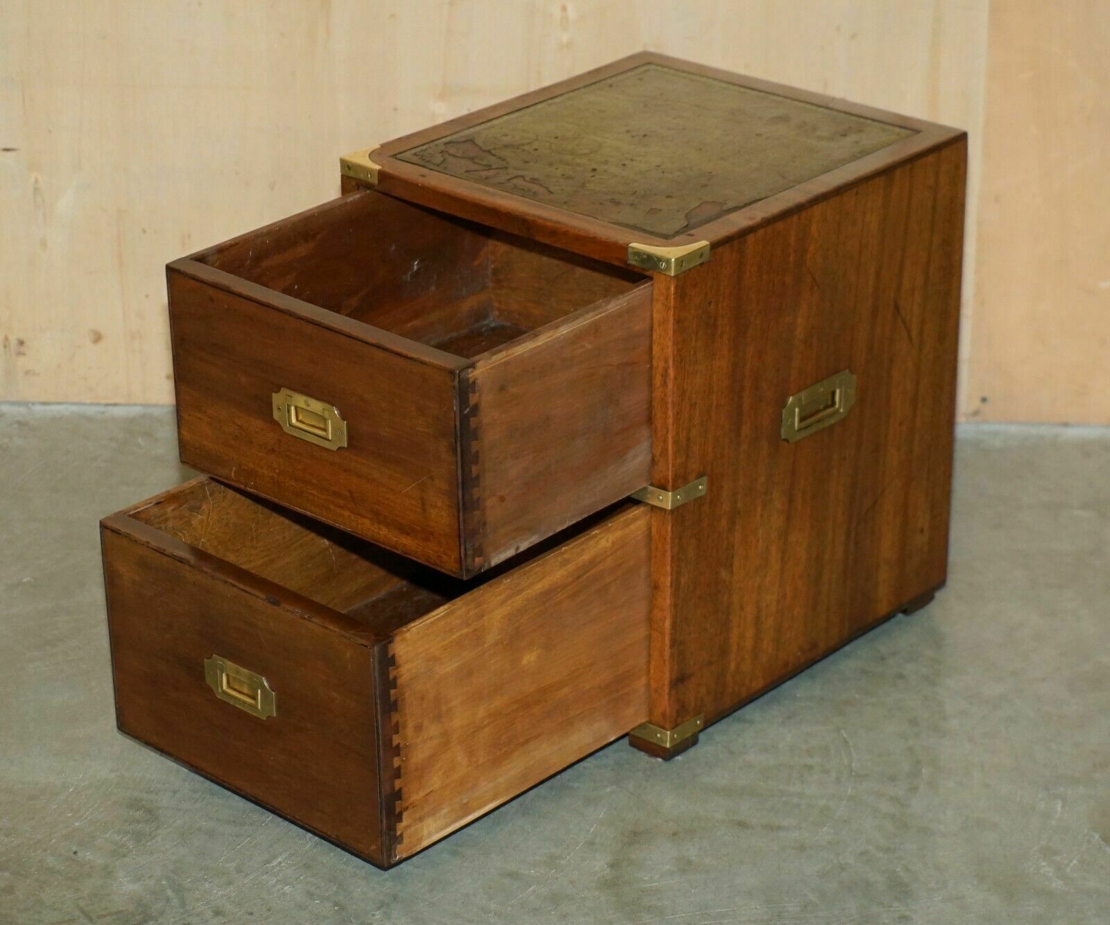 photo buy Vintage Miliary Campaign Side End Lamp Wine Bedside Table Chest With Drawers
