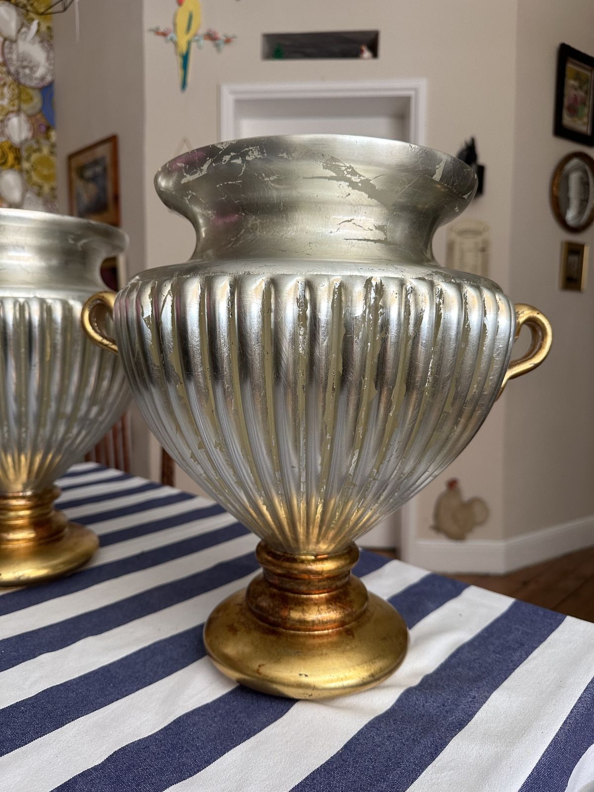 Large Hand Blown Glass Pair If Urns Silver And Gold Gilt By Rose Tattoo photo for sale