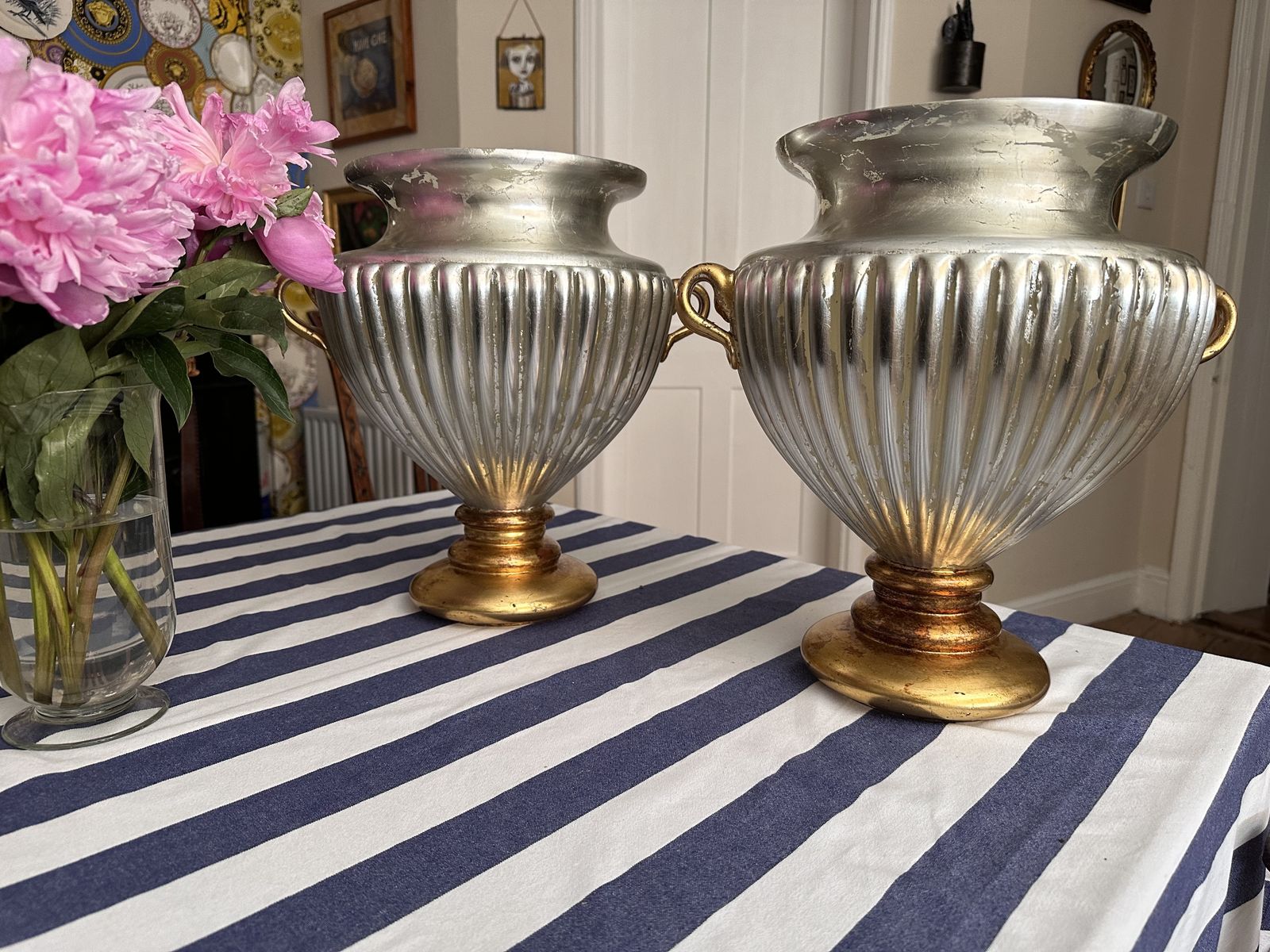 Large Hand Blown Glass Pair If Urns Silver And Gold Gilt By Rose Tattoo photo 350.0