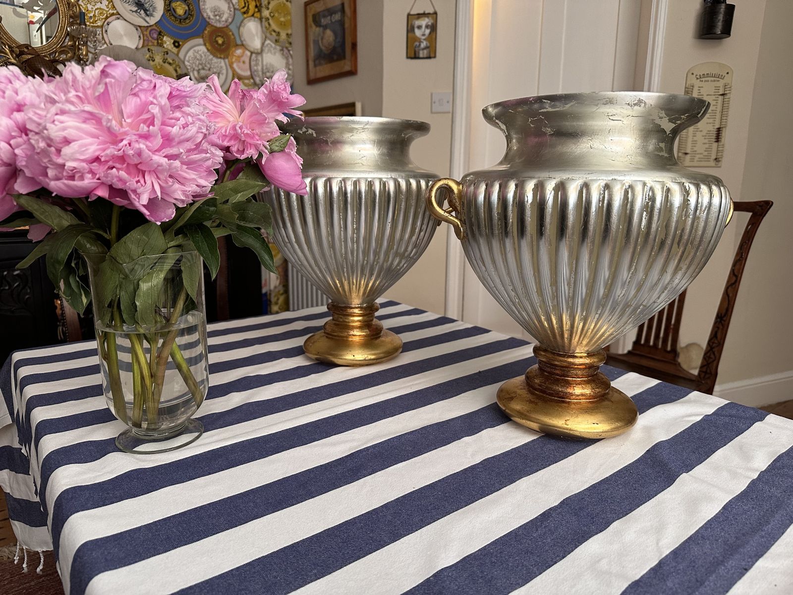 Large Hand Blown Glass Pair If Urns Silver And Gold Gilt By Rose Tattoo photo vinterior