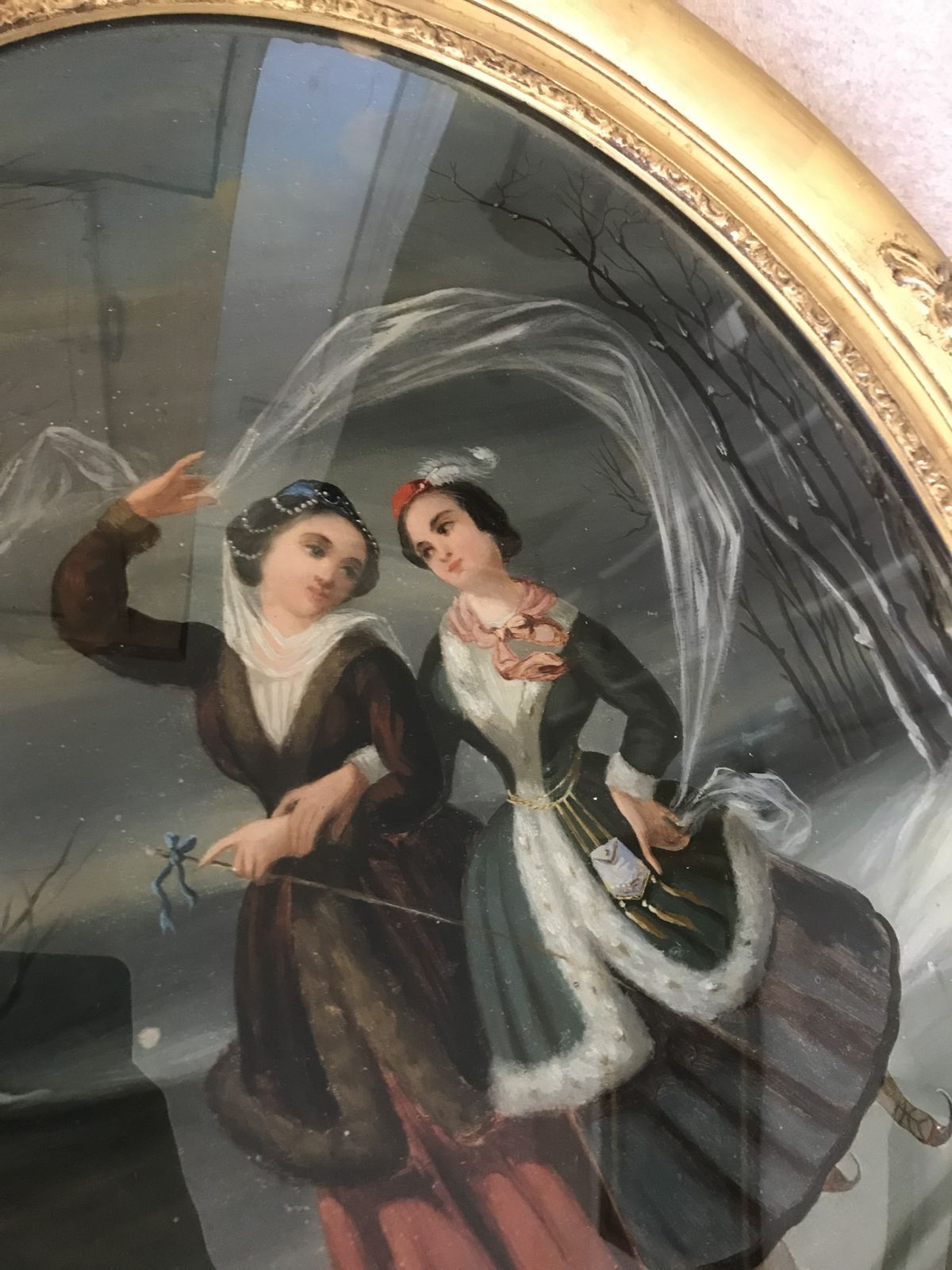 Reverse Painted Oval Convex Glass Wall Plaque Ladies Ice Skating Gilt Frame photo 180.0