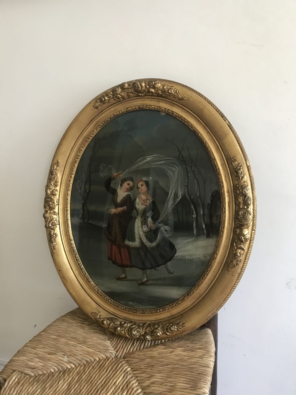 Reverse Painted Oval Convex Glass Wall Plaque Ladies Ice Skating Gilt Frame photo buy