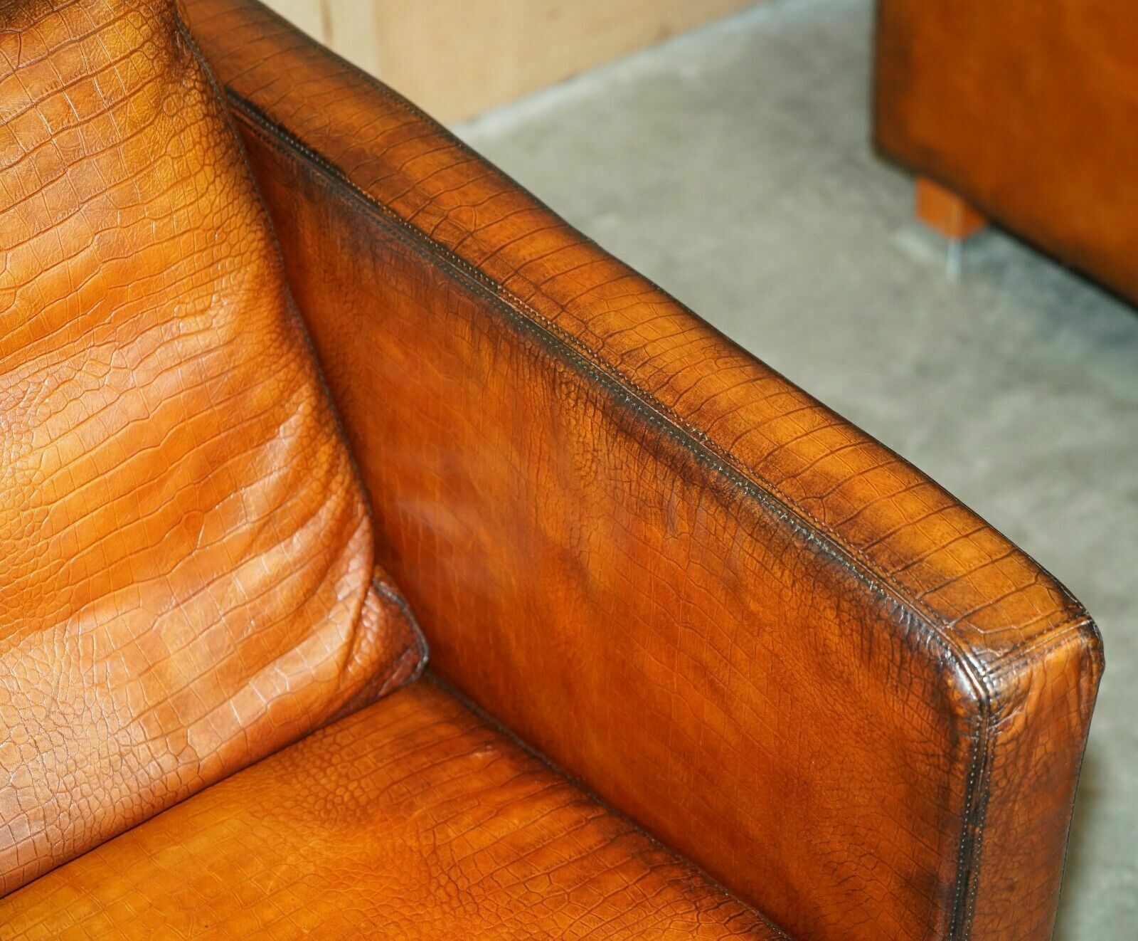 Restored Pair Of Moroso Crocodile Alligator Patina Brown Leather Club Armchairs photo vintage