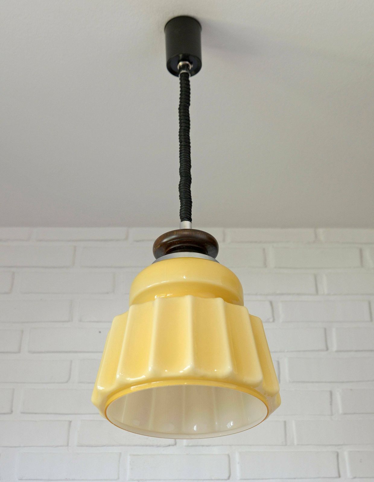 Beige Glass Pendant Light / Mid Century Modern / Retro Hanging Lamp / Glass Light Fixture / Yugoslavia 1970's / Vintage Chandelier photo 242.0