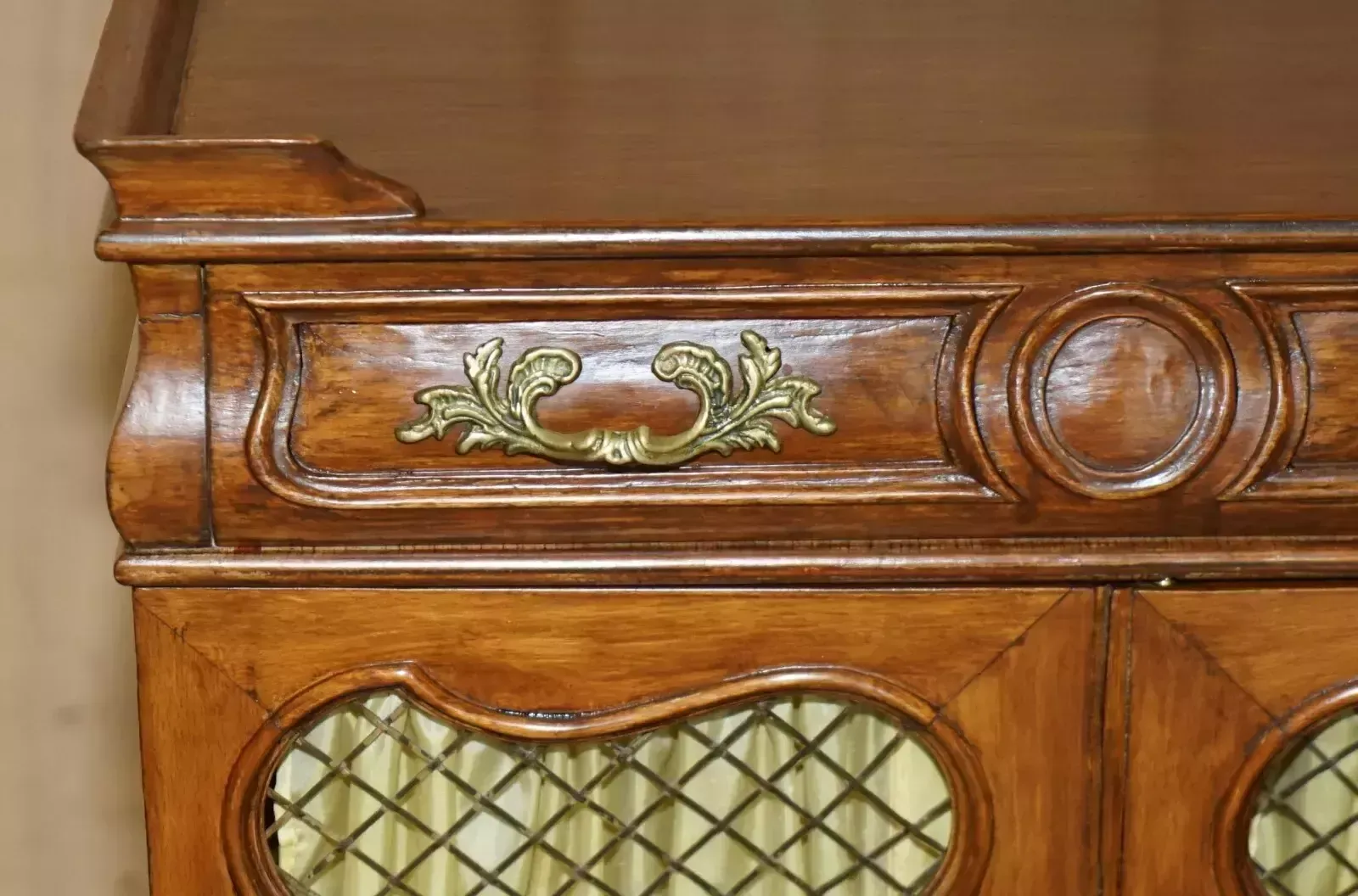 Pair Of Vintage French Walnut Pierced Brass & Silk Side Cabinets With Drawers photo vinterior