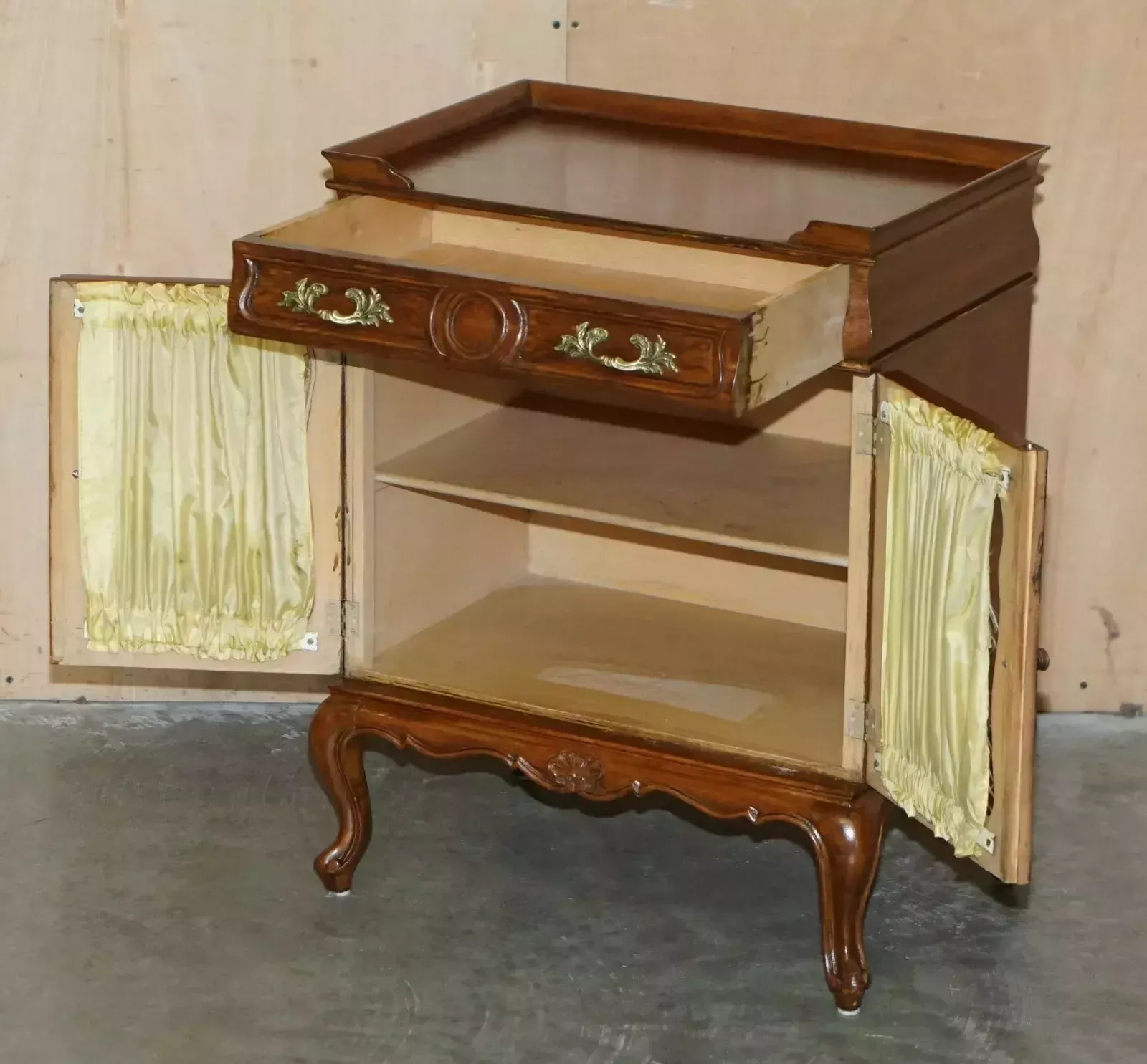 photo vinterior Pair Of Vintage French Walnut Pierced Brass & Silk Side Cabinets With Drawers