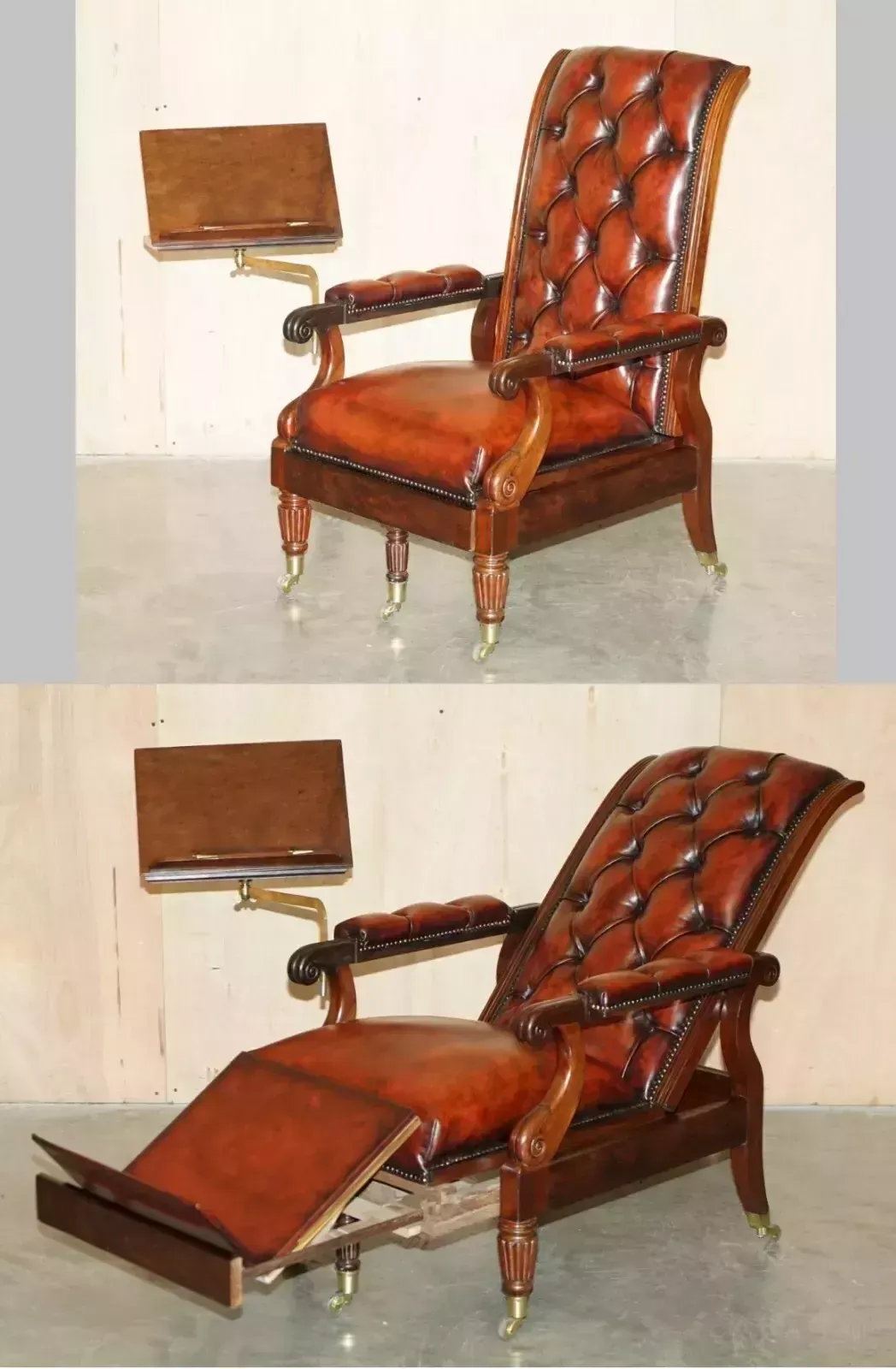 Antique William IV Chesterfield Oxblood Leather Reclining Armchair Writing Slope