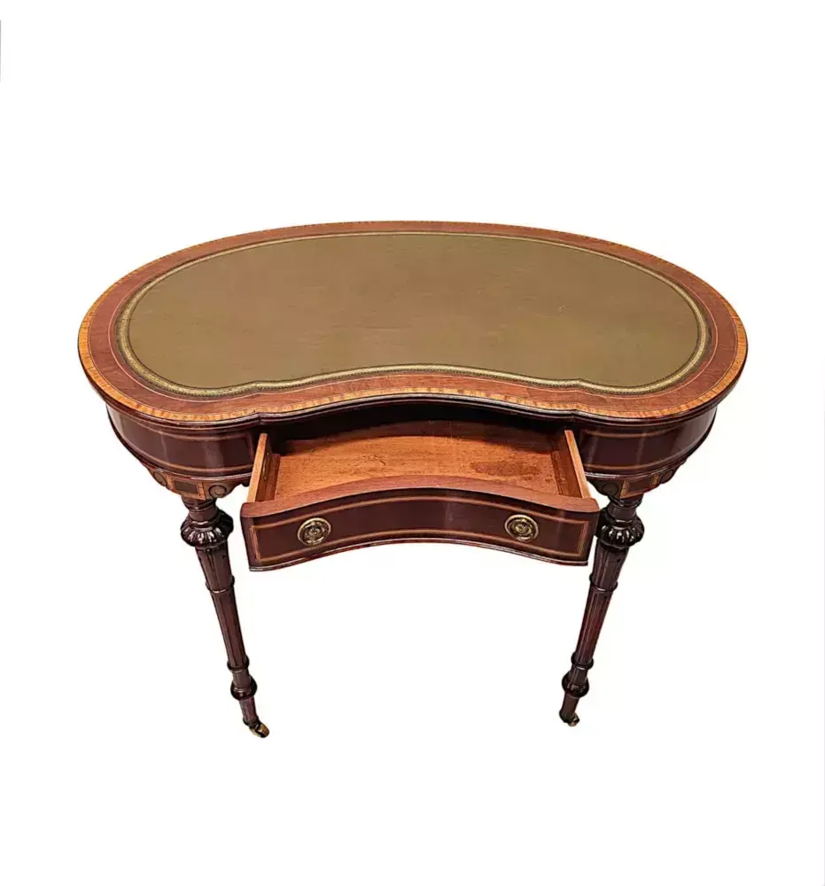 A Very Rare Late 19th Century Inlaid Leather Top Kidney Shape Desk Labelled 'Millar And Beatty Dublin' photo Furniture