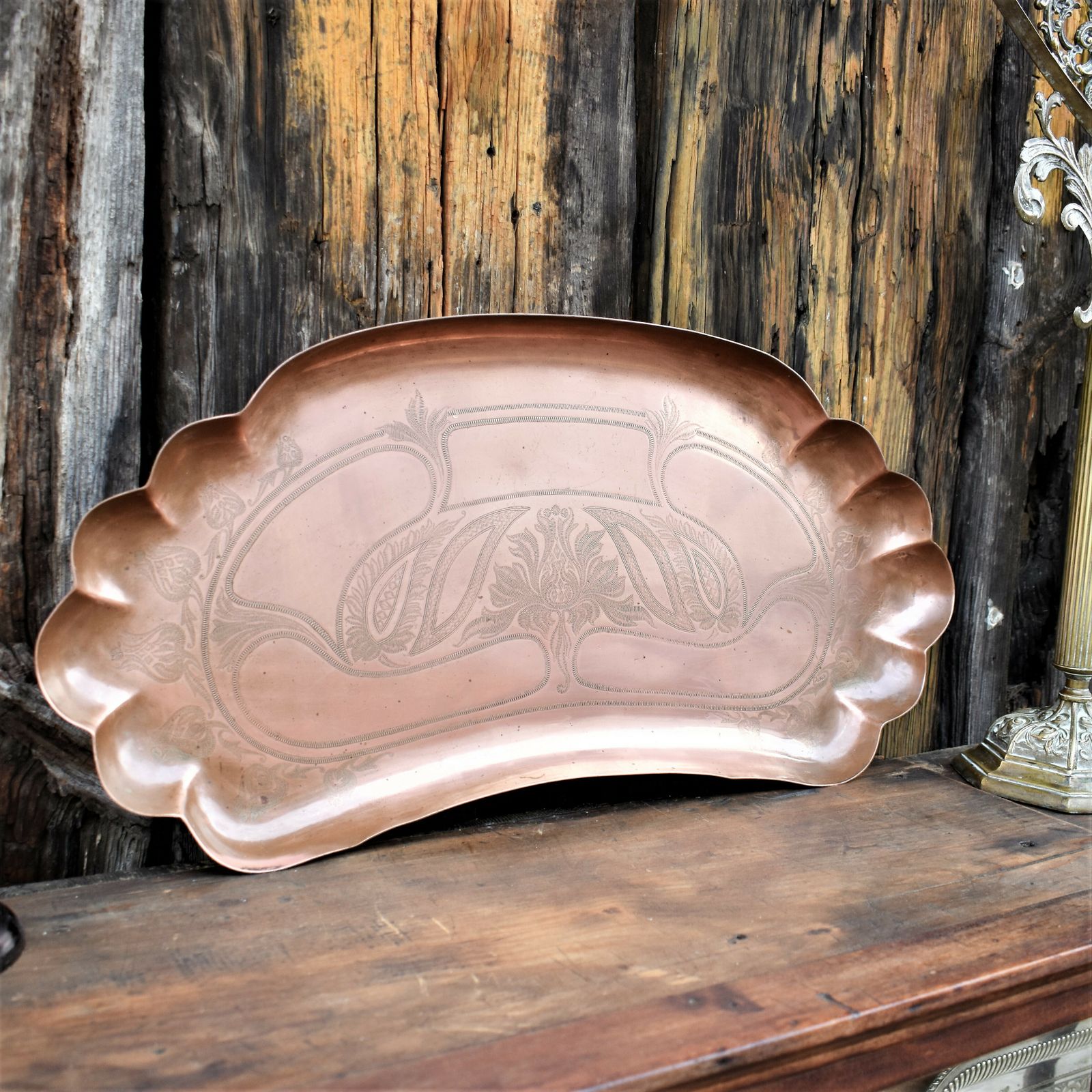 Antique Art And Crafts Joseph Sankey Engraved Copper Tray Newlyn Style Charger photo buy