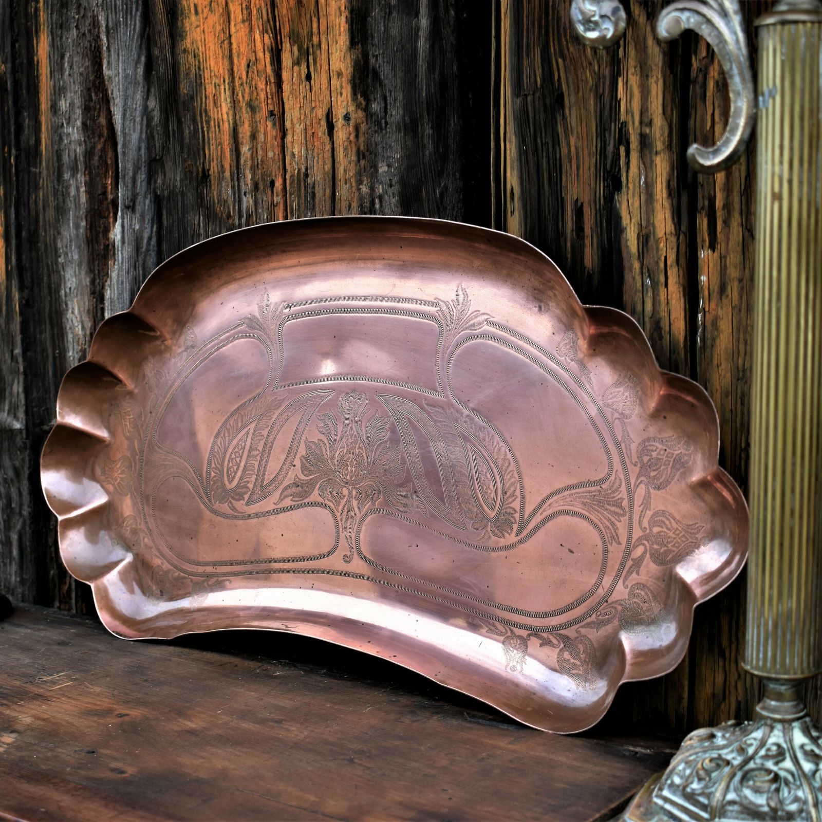 Home Decor Antique Art And Crafts Joseph Sankey Engraved Copper Tray Newlyn Style Charger photo