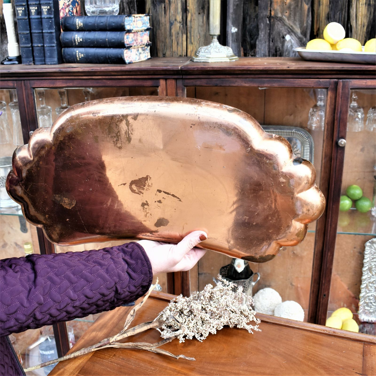 135.0 Antique Art And Crafts Joseph Sankey Engraved Copper Tray Newlyn Style Charger photo