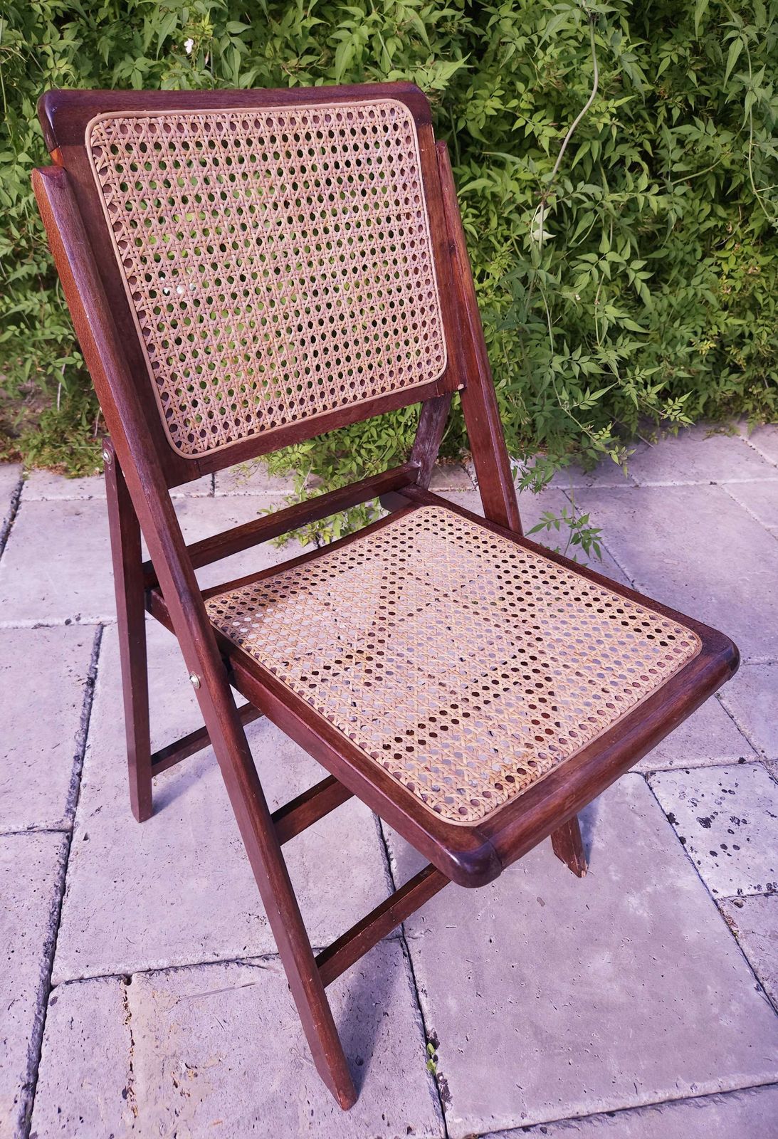 Single Mid Century Folding Chair In Wood, Rattan & Brass